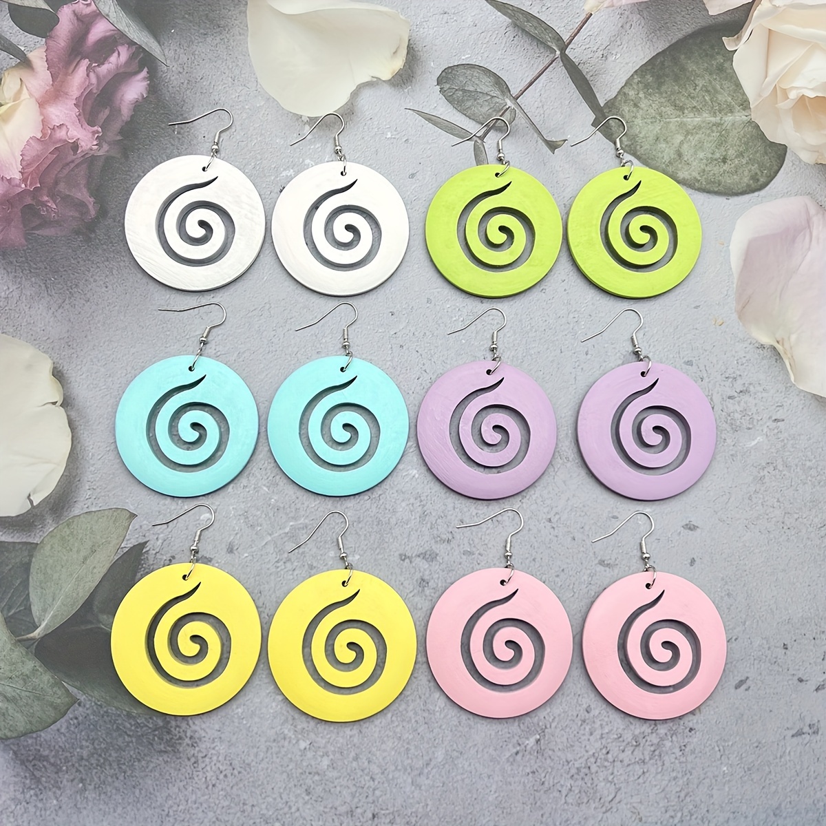 1 Pair/6 Sets European and American Cross-border Fashion Retro Round Hollow Snail Wood Earrings, Bohemian Versatile Personality Colorful Exaggerated Wooden Earrings, Alternative Trendy Geometric Earrings for Women