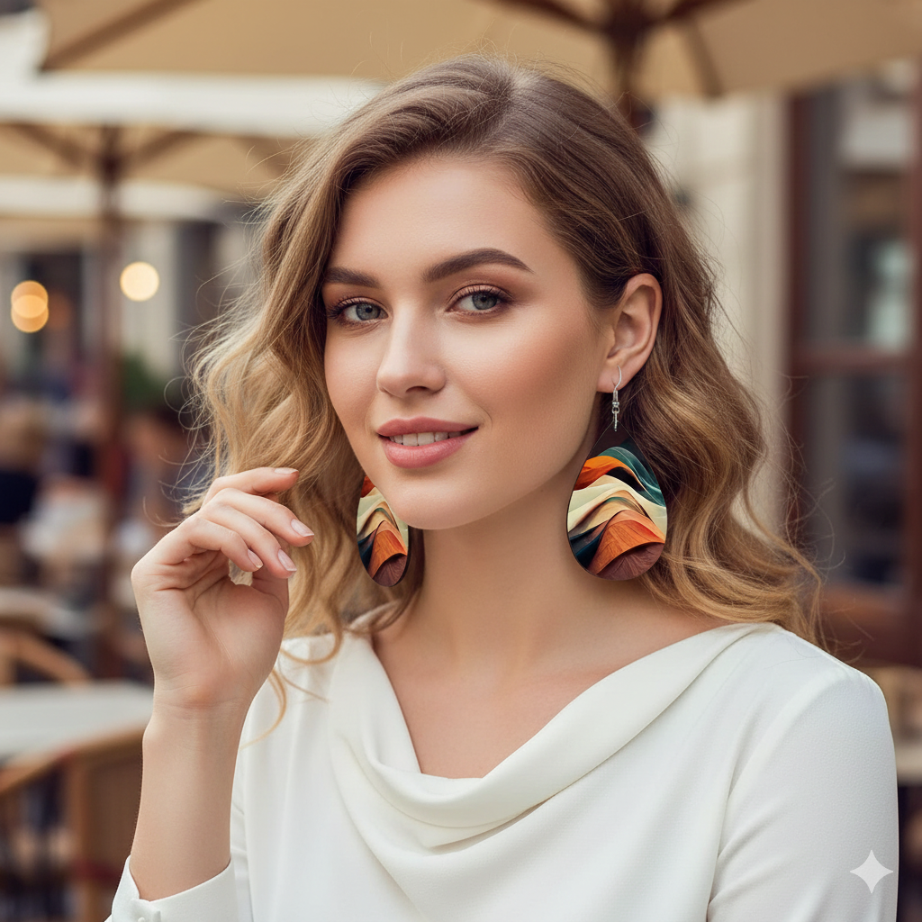 1 Pair: Teardrop-Shaped Wooden Earrings for Women, Printed with a Mountain Design