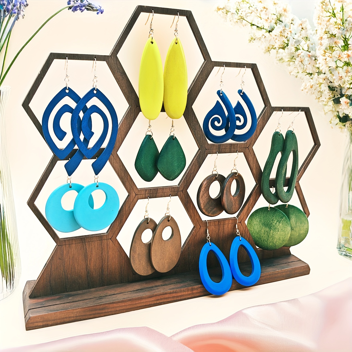 10 Pairs/Set, Colorful Long and Short Wooden Earrings Set - Exquisite Fashionable Geometric Patterned Country Style Women's Jewelry Set