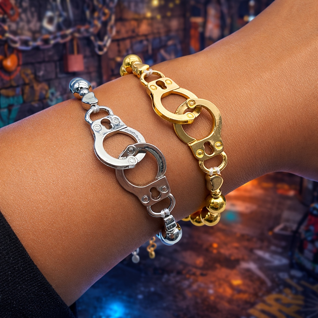 1pc Handcuff Element Metal Bead Bracelet, Unique Design, Trendy Couple Accessory for Both Men And Women, Hip-Hop Style Handcuff Bracelet with Adjustable Metal Bead Extension Chain, Suitable for Parties Or Gifts