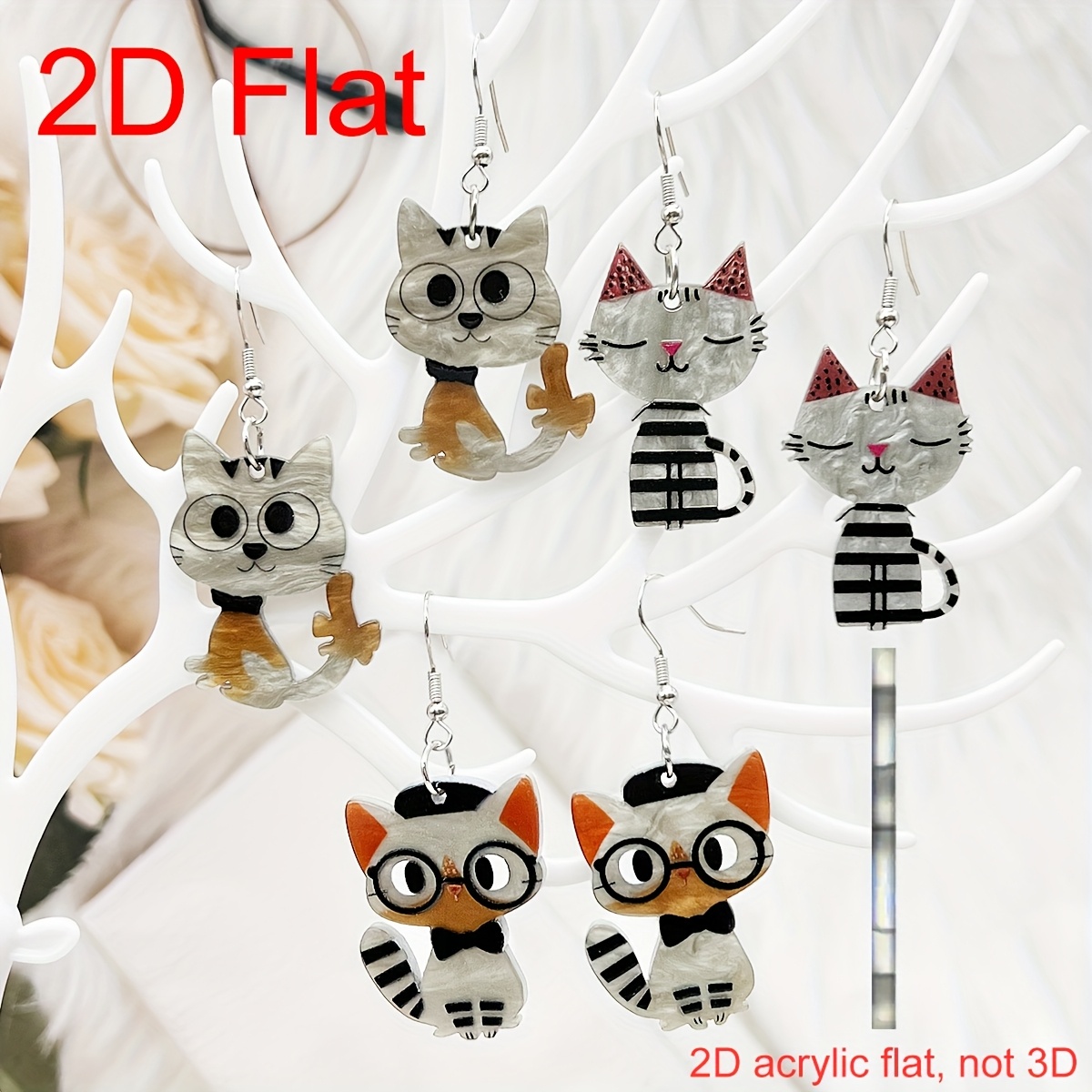 2D Flat-3 Pairs/Sets of Personalized 2D Flat Cartoon Acrylic Kitten Pendant Earrings, Cute And Easy Creative Cartoon Fun 2D Flat Animal Earrings, Women'S Daily Holiday Gift Lightweight Sweet Acrylic Earrings