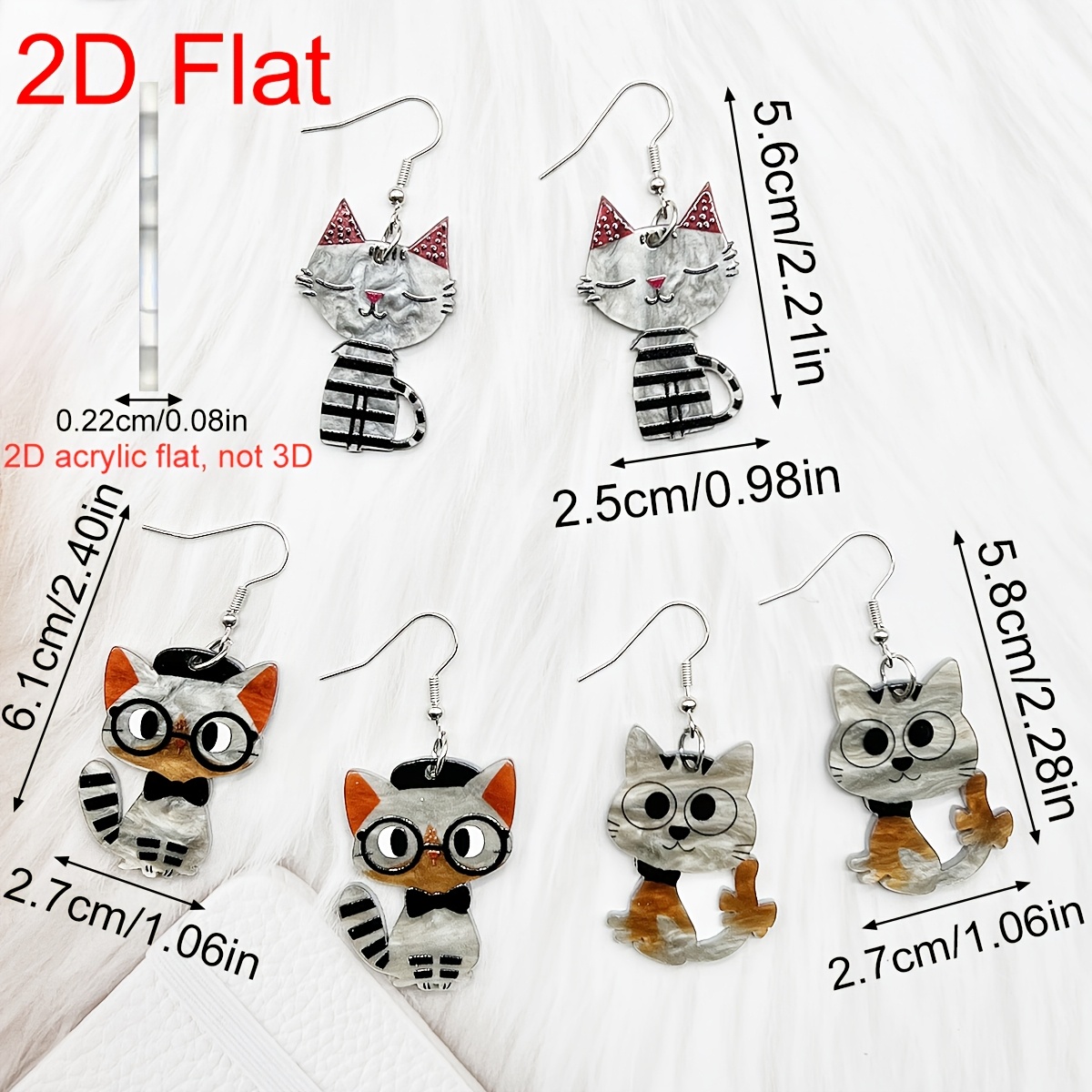 2D Flat-3 Pairs/Sets of Personalized 2D Flat Cartoon Acrylic Kitten Pendant Earrings, Cute And Easy Creative Cartoon Fun 2D Flat Animal Earrings, Women'S Daily Holiday Gift Lightweight Sweet Acrylic Earrings