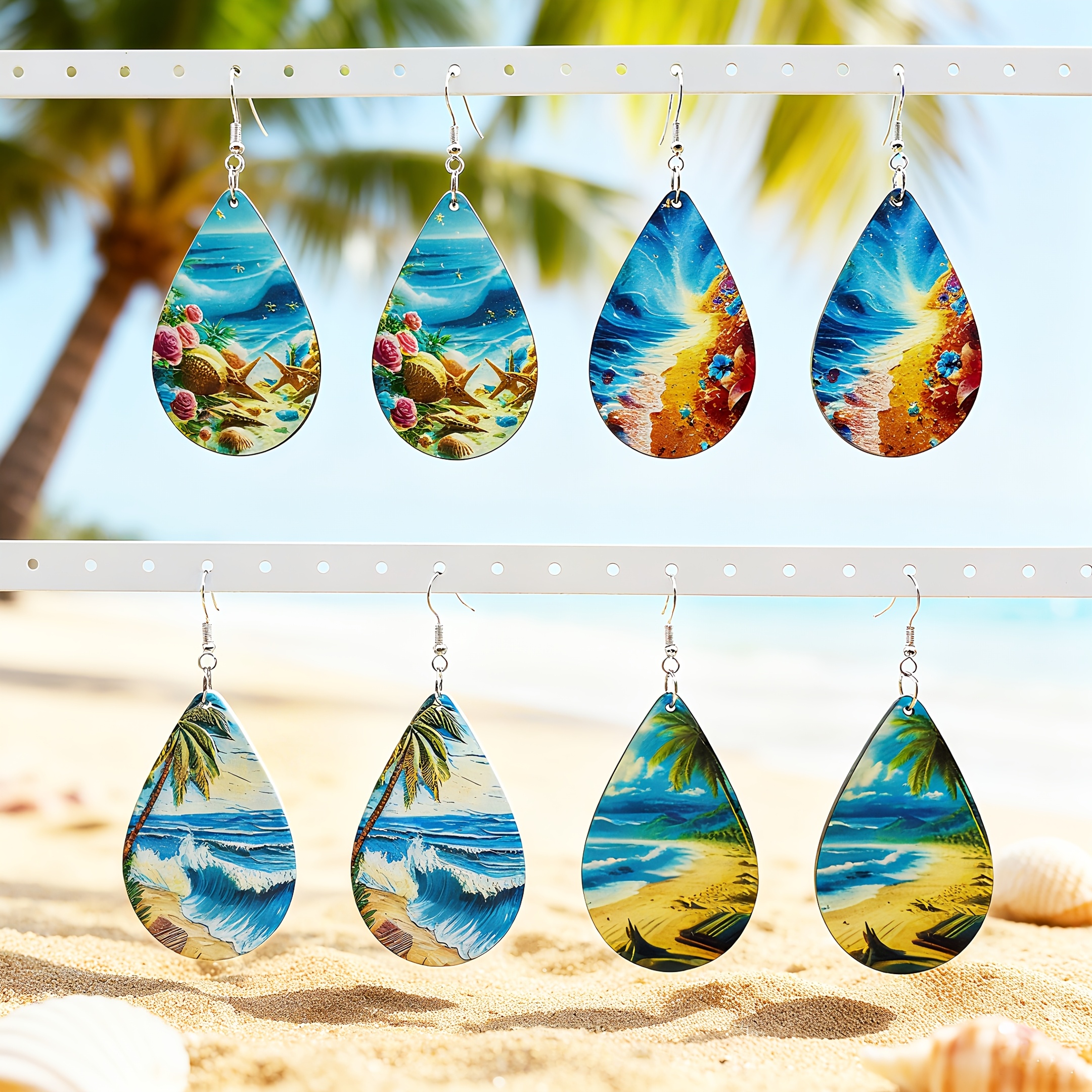 4 Pairs Beach Vacation Theme Wooden Earrings Set | Printed Shell/ Beach, Coconut Tree, Shell And Wave Pattern Pendant Jewelry, Suitable for Women And, Vacation Gifts, Beach Jewelry, Ocean Theme Design