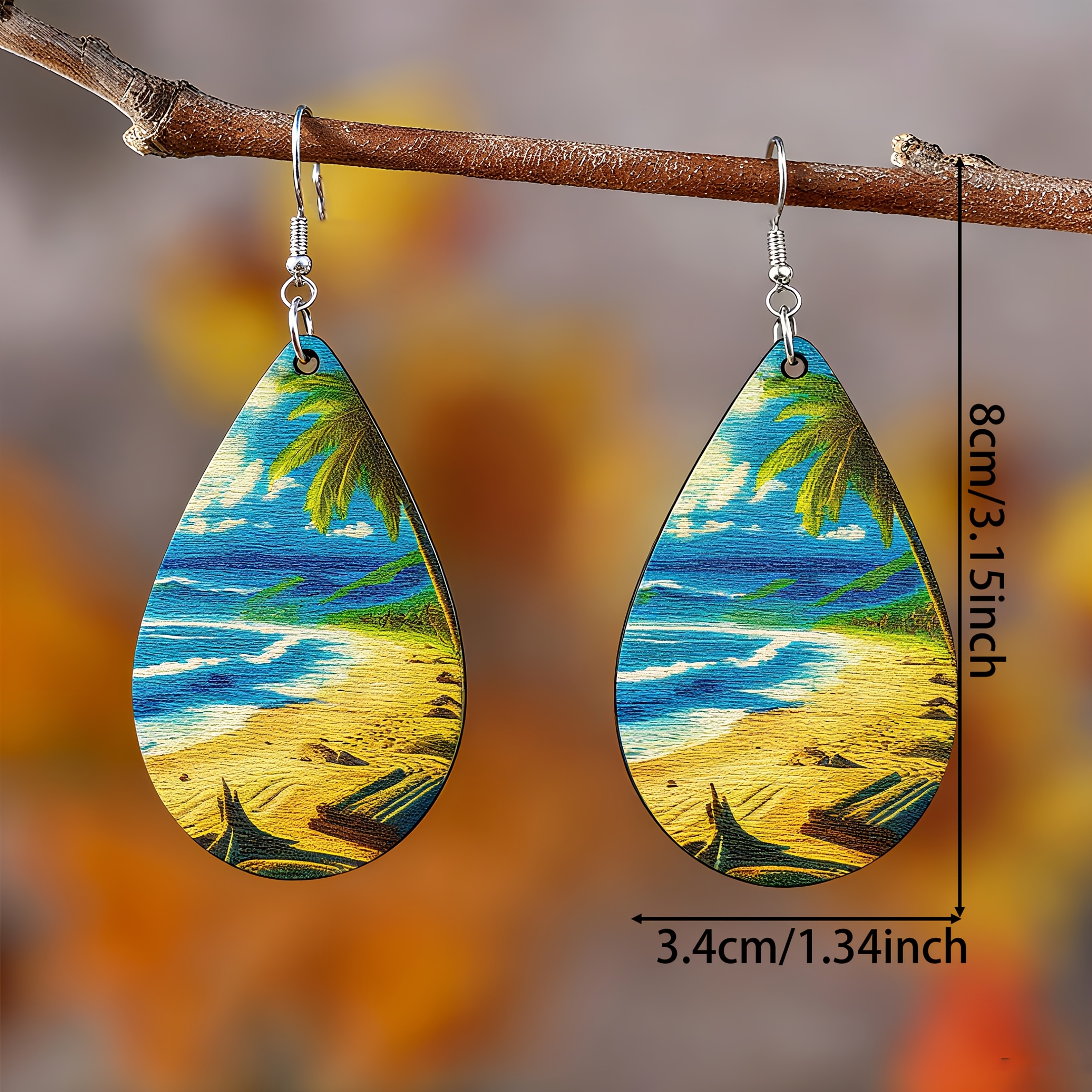 4 Pairs Beach Vacation Theme Wooden Earrings Set | Printed Shell/ Beach, Coconut Tree, Shell And Wave Pattern Pendant Jewelry, Suitable for Women And, Vacation Gifts, Beach Jewelry, Ocean Theme Design