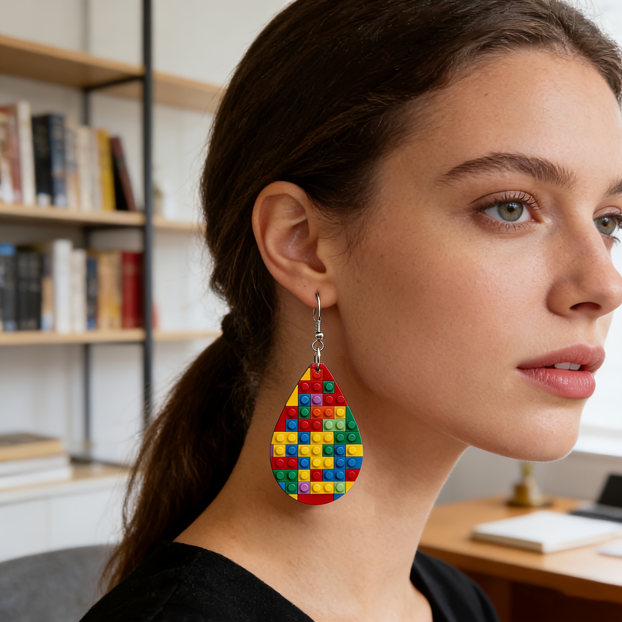 4 Pairs of Cute Novelty Teardrop Print Ducklings, Building Block Design Fun Pendant Earrings, Birthday Gift Party Daily Wear