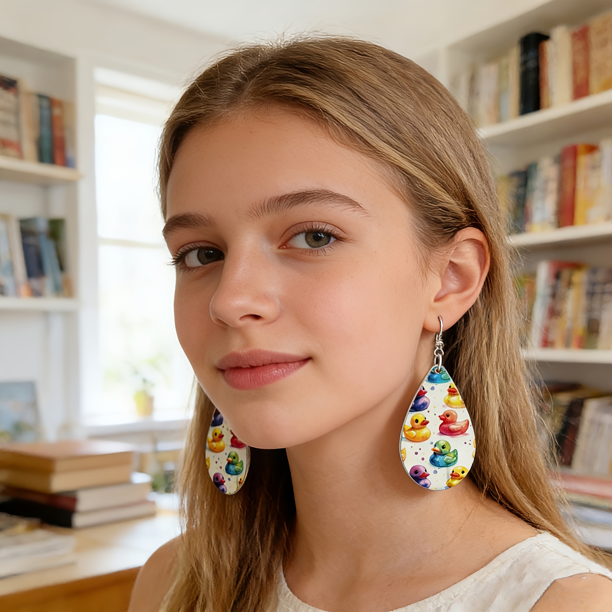 4 Pairs of Cute Novelty Teardrop Print Ducklings, Building Block Design Fun Pendant Earrings, Birthday Gift Party Daily Wear