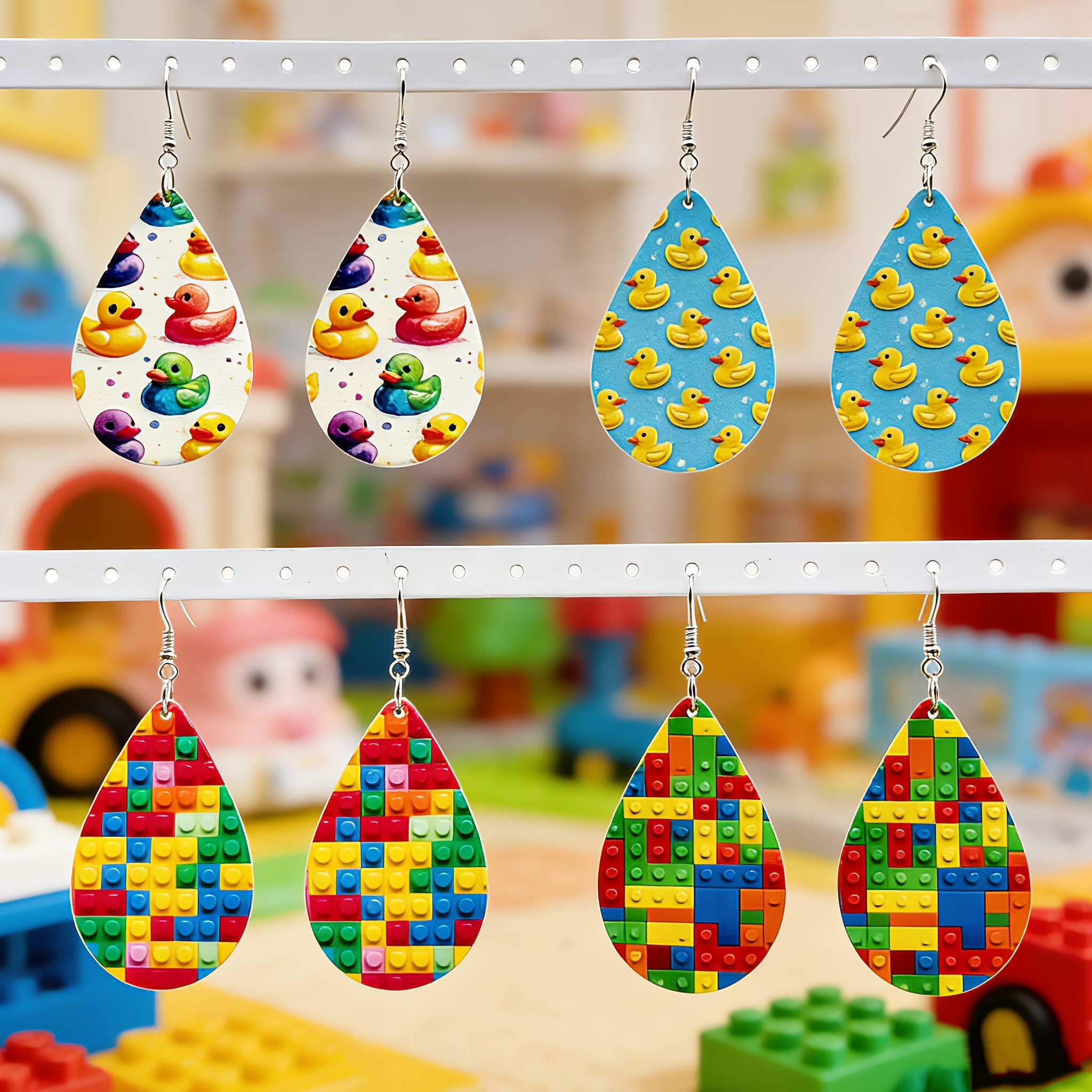 4 Pairs of Cute Novelty Teardrop Print Ducklings, Building Block Design Fun Pendant Earrings, Birthday Gift Party Daily Wear