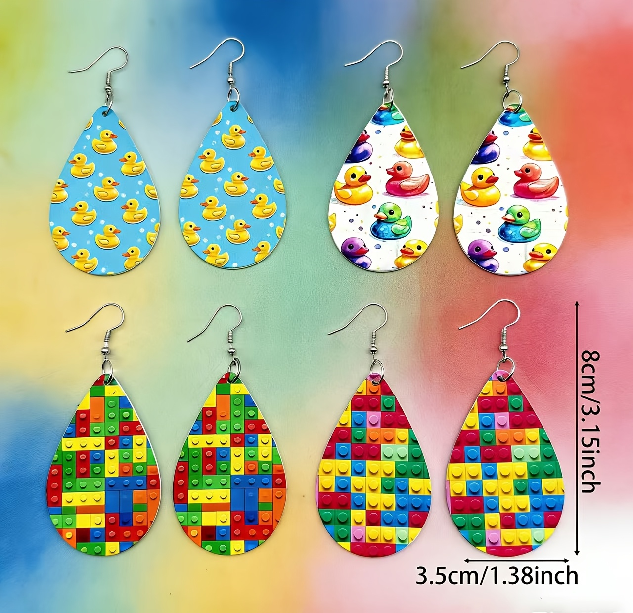 4 Pairs of Cute Novelty Teardrop Print Ducklings, Building Block Design Fun Pendant Earrings, Birthday Gift Party Daily Wear