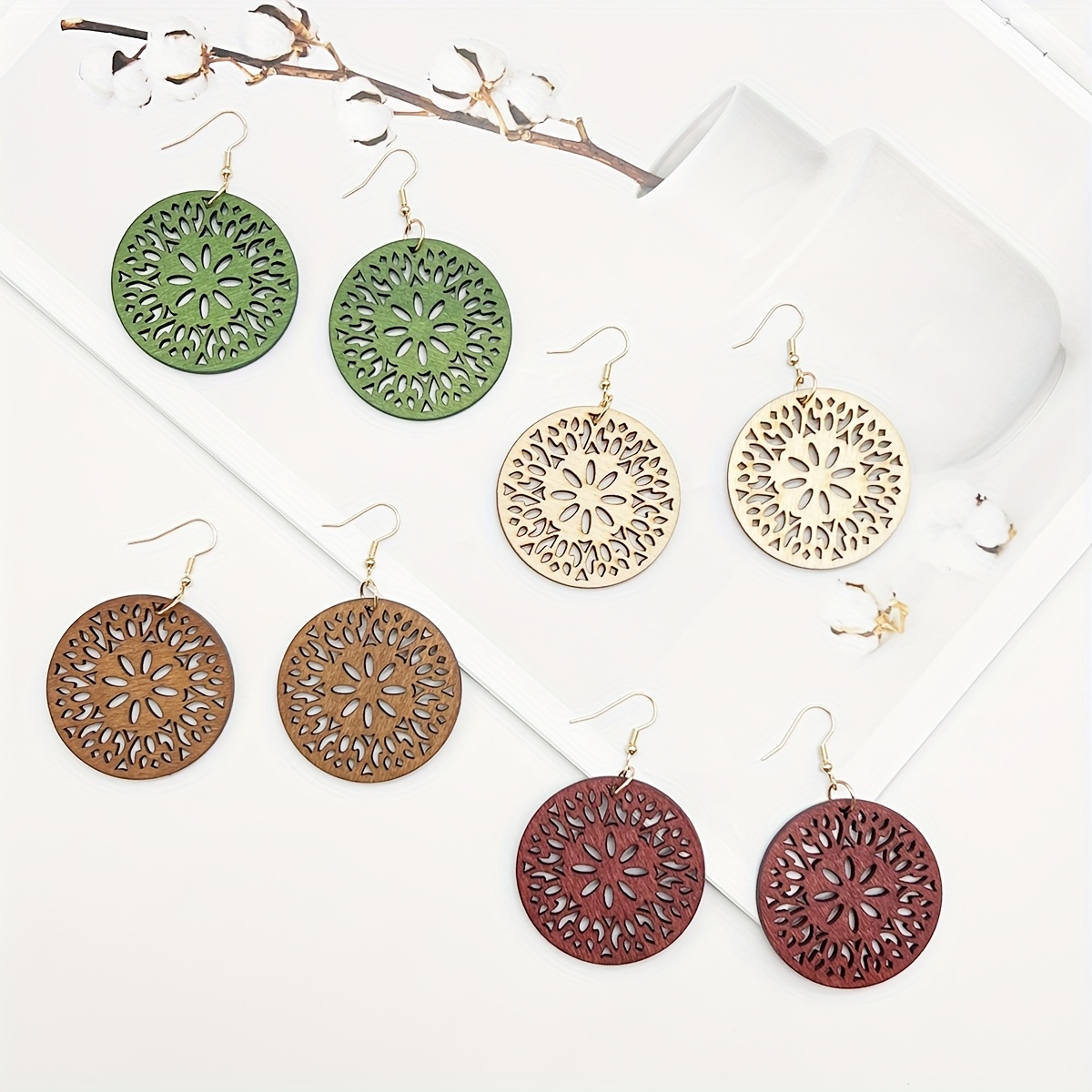 4 Pairs of Minimalist Vintage Bohemian Wooden Earrings, Trendy Versatile Hollow Geometric Wooden Drop Earrings, Daily Fashion Additions for Women