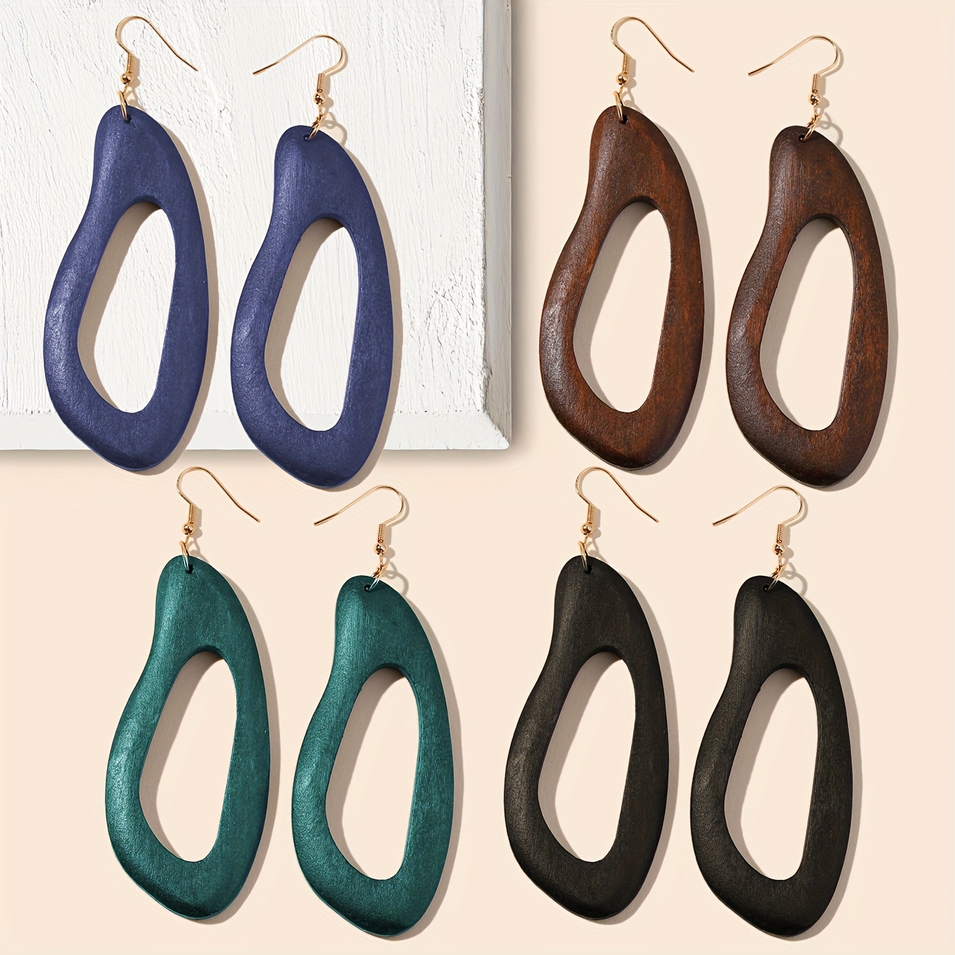 4 Pairs of Rustic Wooden Teardrop Earrings - Minimalist Style, Iron Hooks, All-Season Daily Wear, Vacation Accessory|Teardrop Dangle Earrings|Wooden Earrings