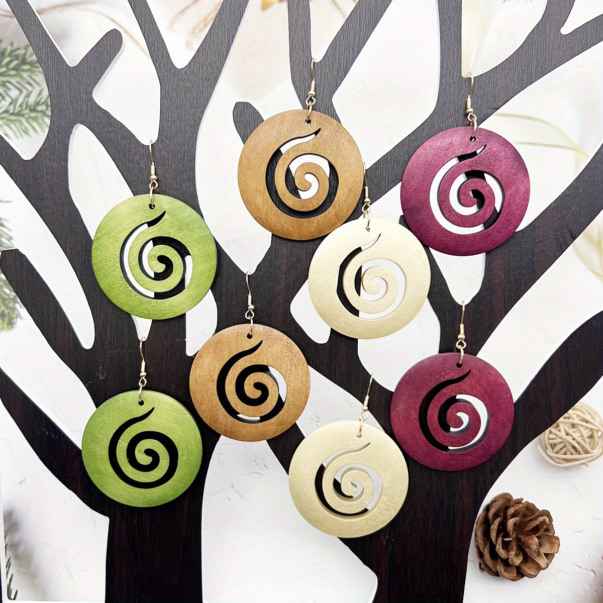 4 Pairs/Set European and American Cross-border Fashion Retro Hollow Snail Wooden Earrings, Bohemian Trendy Versatile Wooden Earrings, Popular Alternative Exaggerated Ear Ornaments Gift for Women