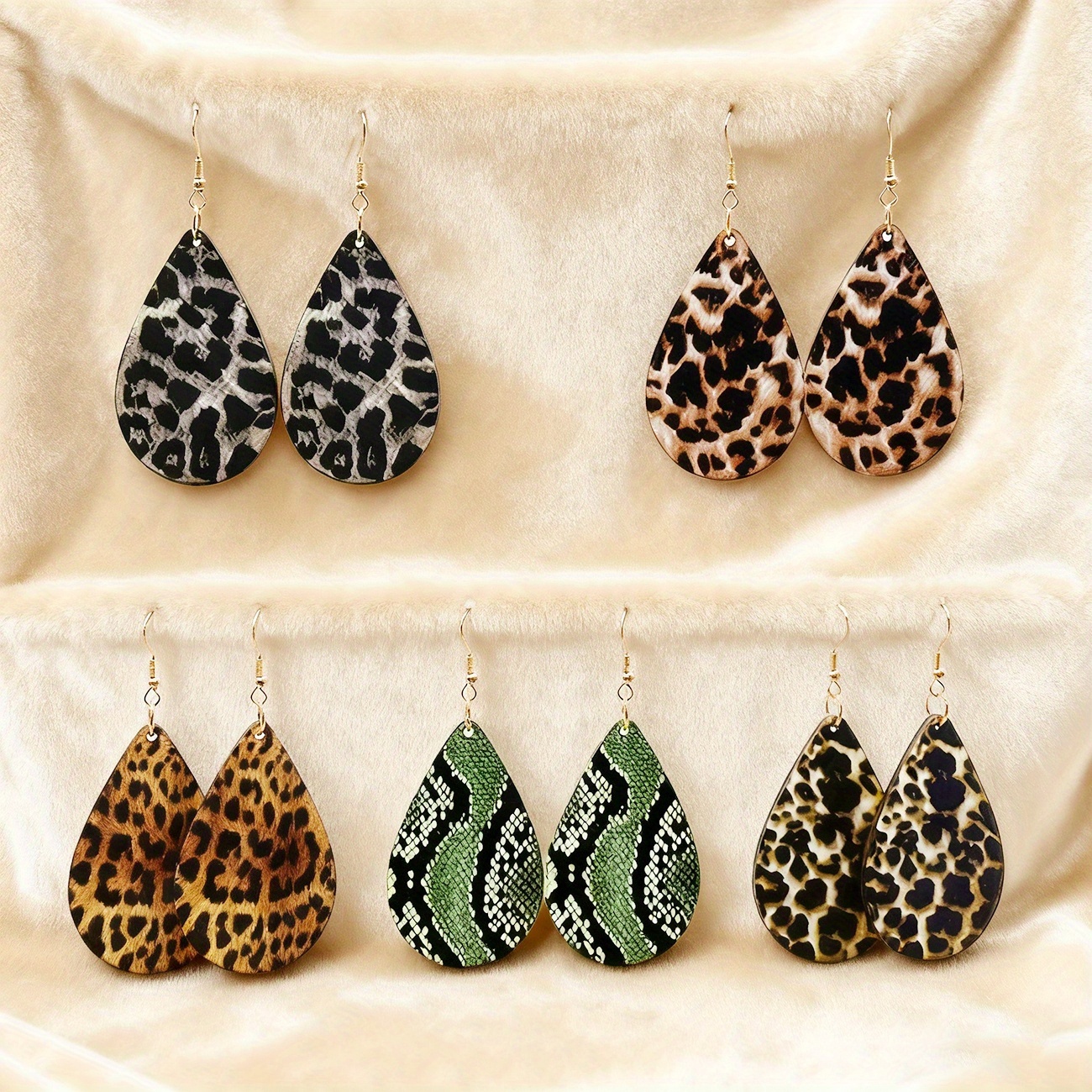 5-Pair/Set Vintage Fashion Teardrop Print Leopard Pendant Earrings, Versatile Personality Vacation Style Creative Exaggerated Print Snake Pattern Wooden Earrings, Trendy Wooden Ear Accessories for Women's Daily Outings, Parties, and Gifts, Trendy