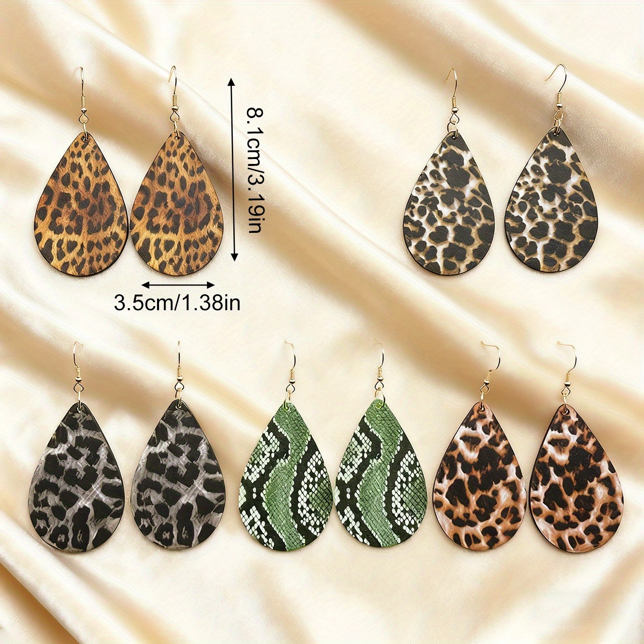 5-Pair/Set Vintage Fashion Teardrop Print Leopard Pendant Earrings, Versatile Personality Vacation Style Creative Exaggerated Print Snake Pattern Wooden Earrings, Trendy Wooden Ear Accessories for Women's Daily Outings, Parties, and Gifts, Trendy