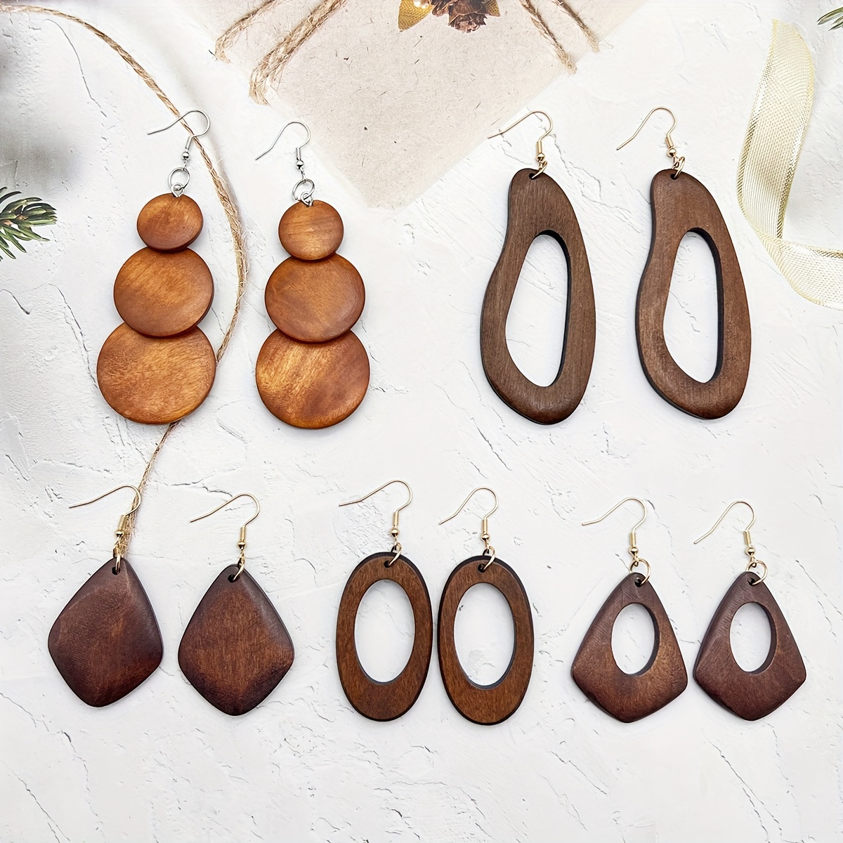 5 Pairs of Stylish Vintage Brown Wooden Drop Earrings, Versatile Bohemian Holiday Wooden Dangles, Trendy And Bold Geometric Wooden Earrings for Women