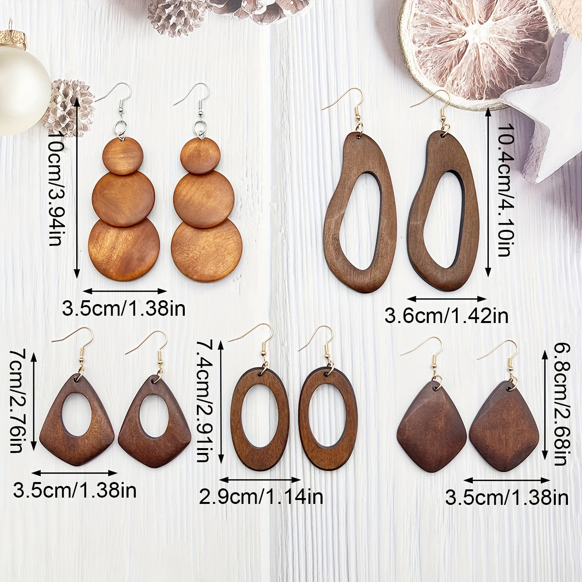 5 Pairs of Stylish Vintage Brown Wooden Drop Earrings, Versatile Bohemian Holiday Wooden Dangles, Trendy And Bold Geometric Wooden Earrings for Women