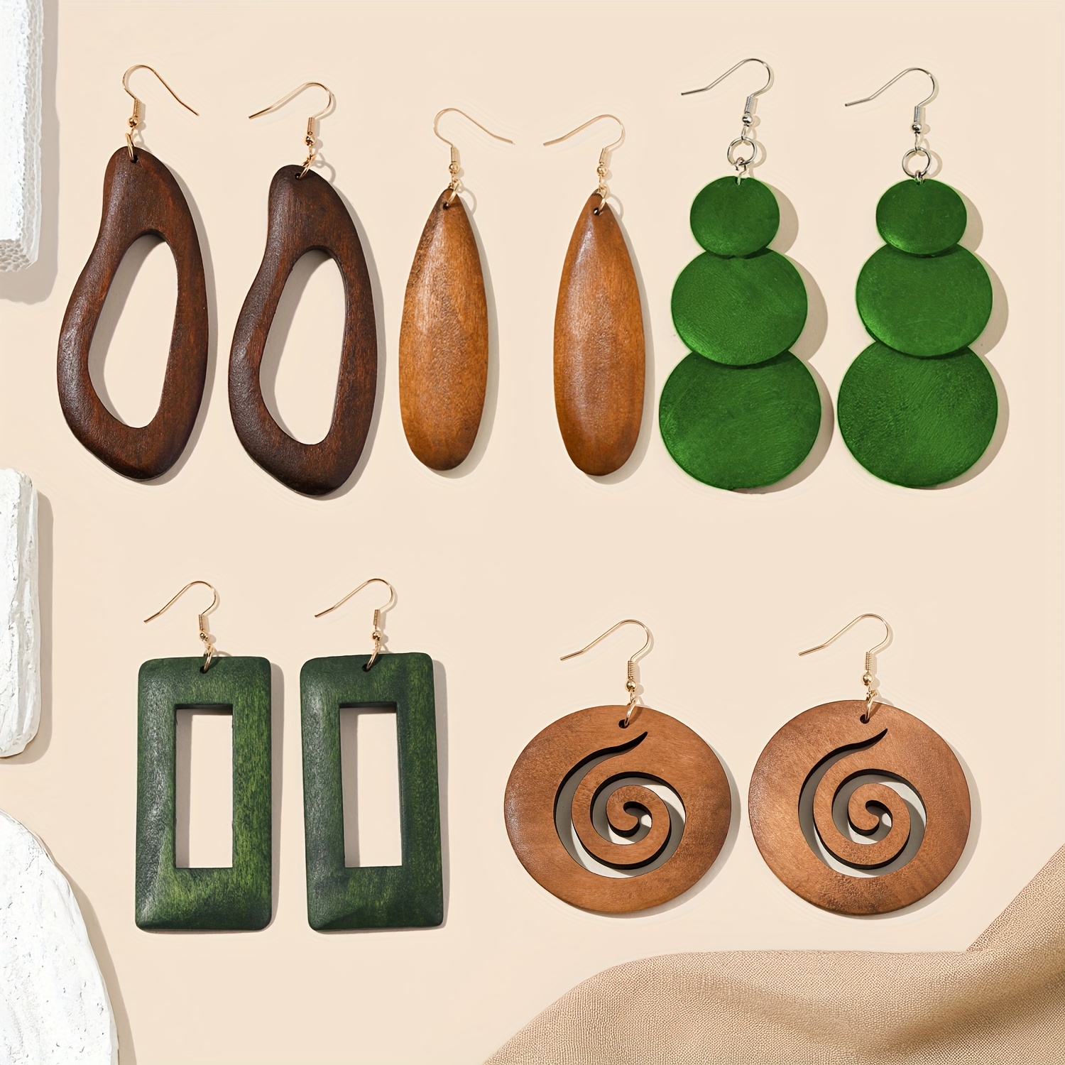 5 Pairs/Set, Fashion Wooden Geometric Earrings - Simple Pastoral Personality Choice
