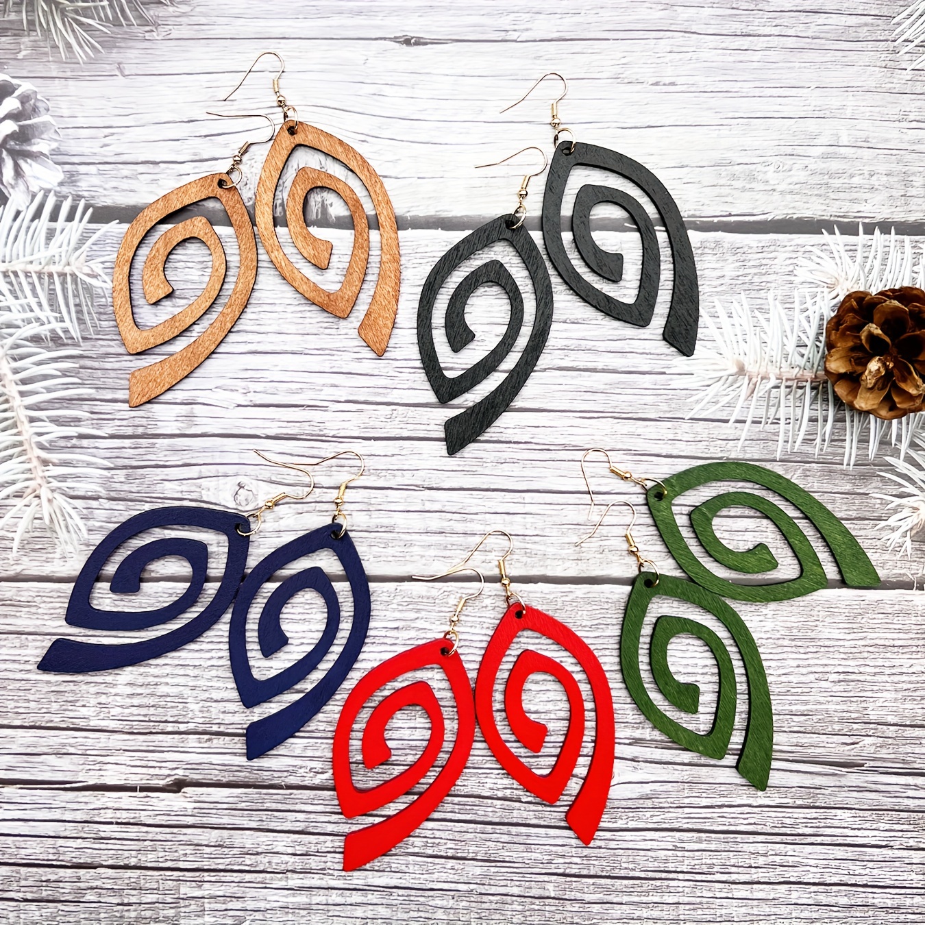 5 Pairs/ Set Hollow Colorful Leaf Design Dangle Earrings Simple Leisure Style Wooden Jewelry Fall Winter Earrings
