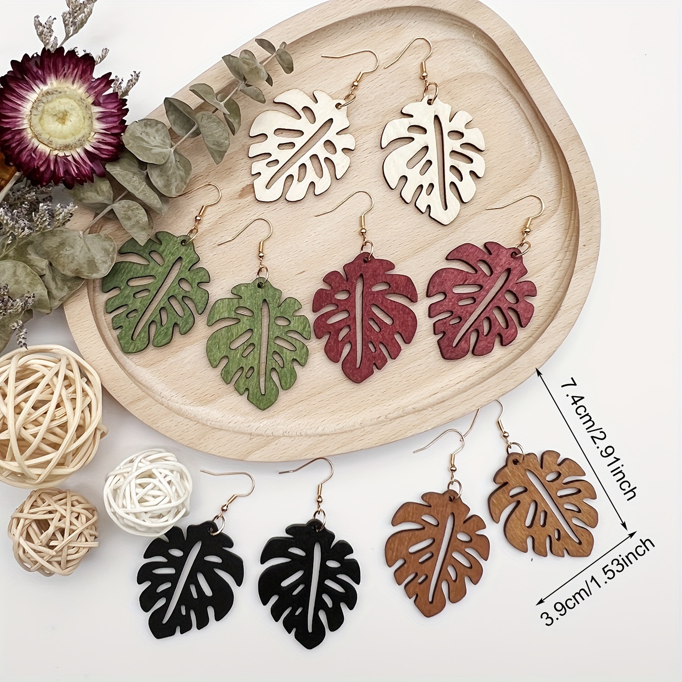 5-Pairs Wood Leaf Ear - Minimalist Wood Earrings Suitable for, Wood Grain Leaf Earrings for Daily Wear & Vacation, Wood Ear Accessories