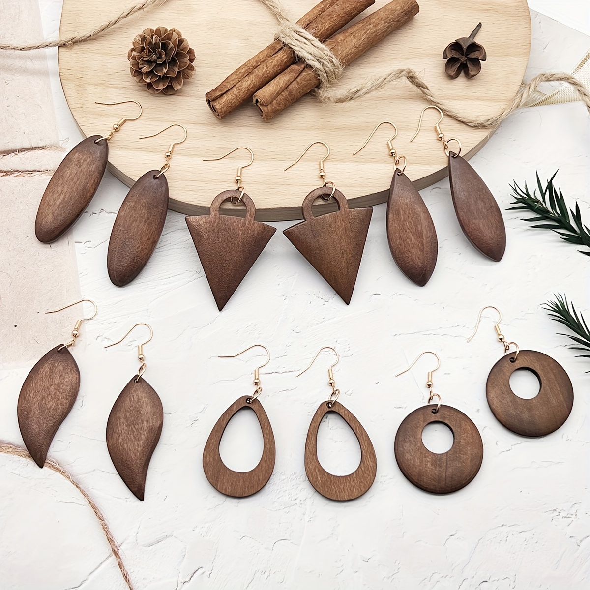 6 Pairs of Minimalist Retro Coffee-Colored Geometric Wooden Earrings, Trendy And Versatile for Everyday Wear And Vacation, Featuring Wooden Pendant Designs for Women