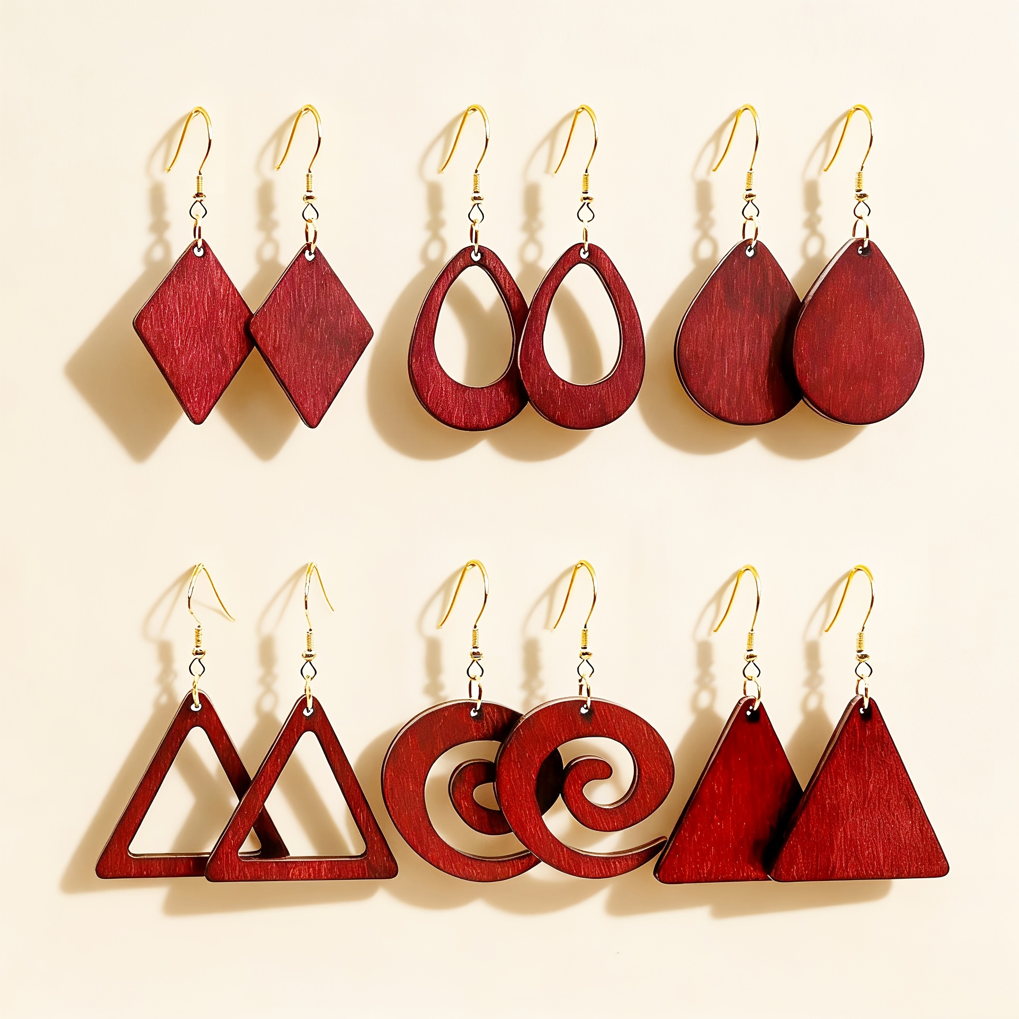 6 Pairs of Vintage Wine Red Minimalist Geometric Wooden Earrings, Stylish And Versatile for Women, Featuring Various Lightweight Wooden Designs Suitable for Everyday Wear, Vacations, Holidays, And Creative Gifting