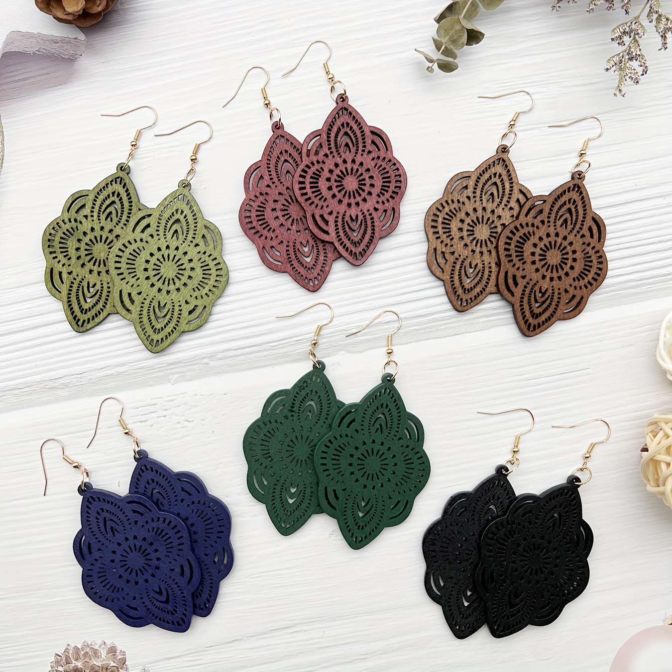 6 Pairs/ Set Carved Flower Pattern Dangle Earrings Classic Bohemian Style Wooden Jewelry Trendy Holiday Earrings