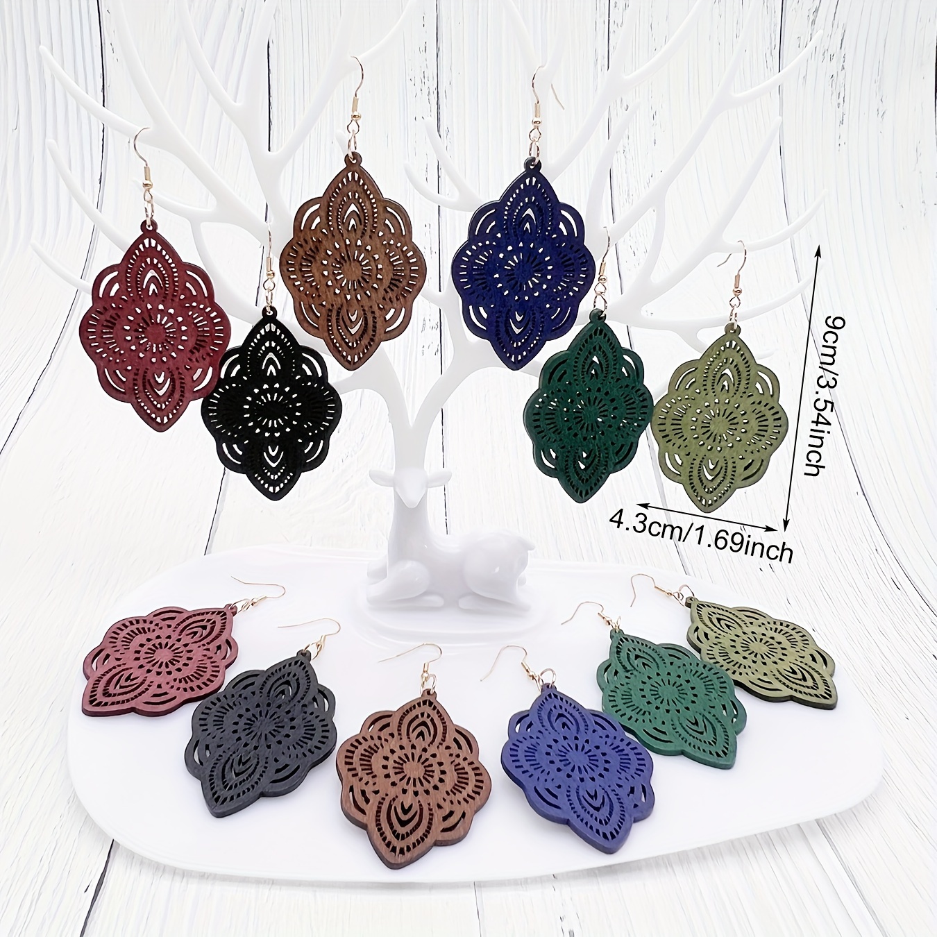 6 Pairs/ Set Carved Flower Pattern Dangle Earrings Classic Bohemian Style Wooden Jewelry Trendy Holiday Earrings