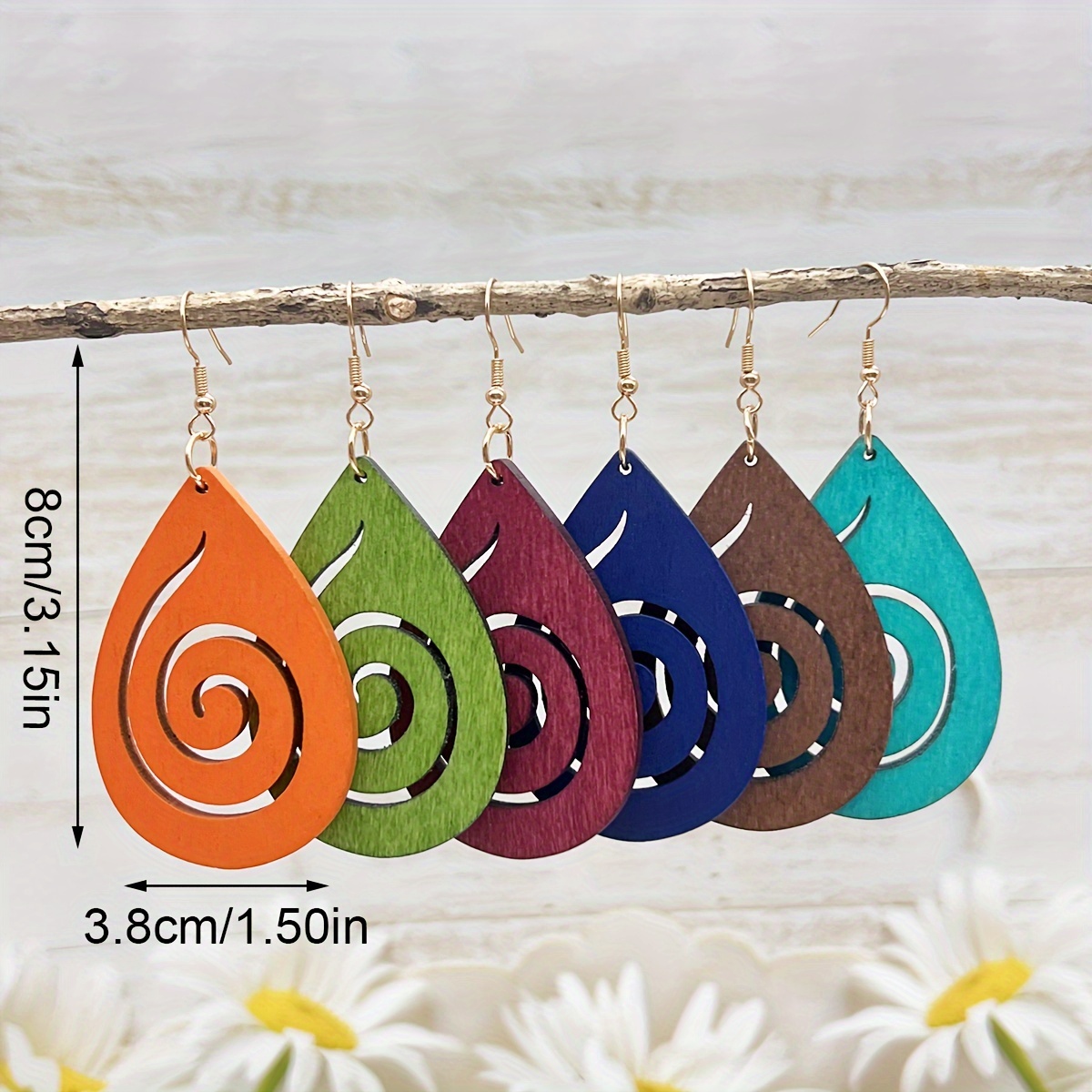 6 Pairs/Set Creative Fashion Water Drop Hollow Snail Wooden Earrings and Earrings, Bohemian Trendy Versatile Vacation Style Multi-Color Combination Simple Set Wooden Earrings for Women