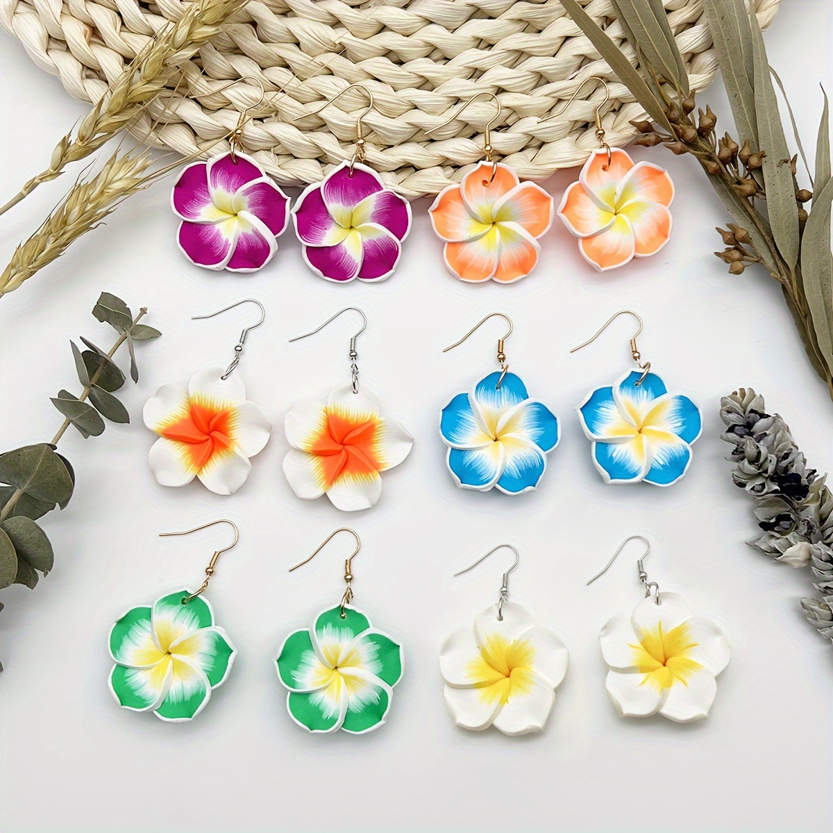 6 Pairs/Set Handmade Polymer Clay Flower Earrings, Bohemian Gradient Geometric Dangle Drop Earrings for Women, Stylish Multicolor Vacation-Inspired Design