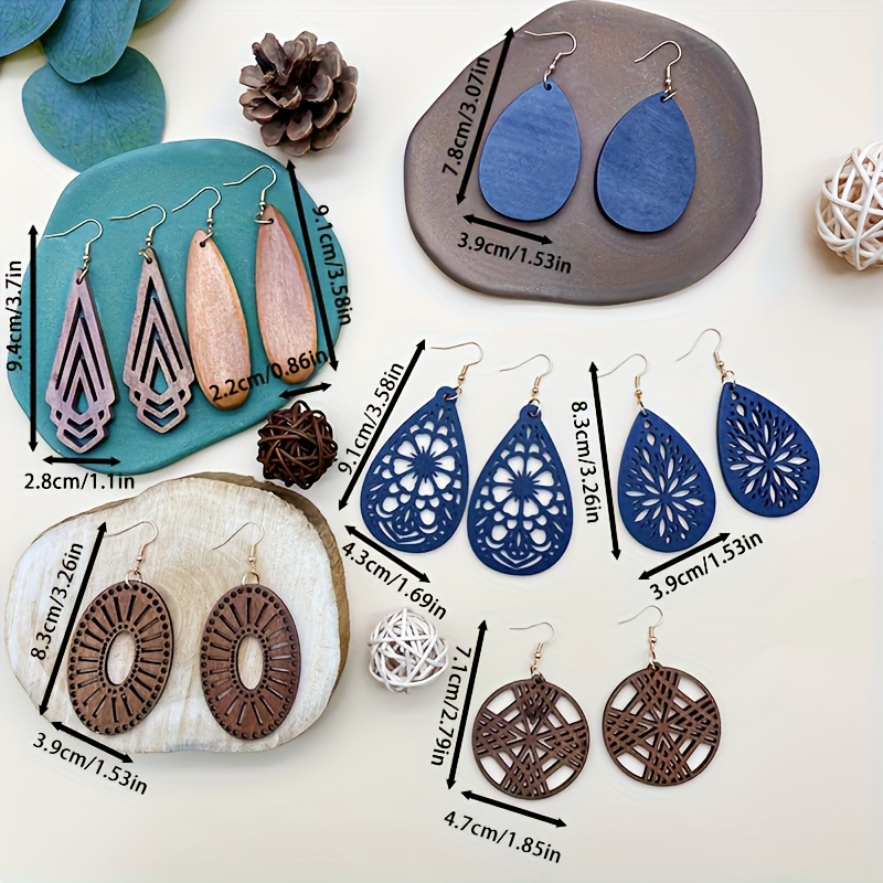 7 Pairs/Set, European Minimalist Woodland Style Wooden Women's Earrings Set —— Hollow Water Drop Geometric Design, Fashionable Versatile Everyday Vacation Essentials