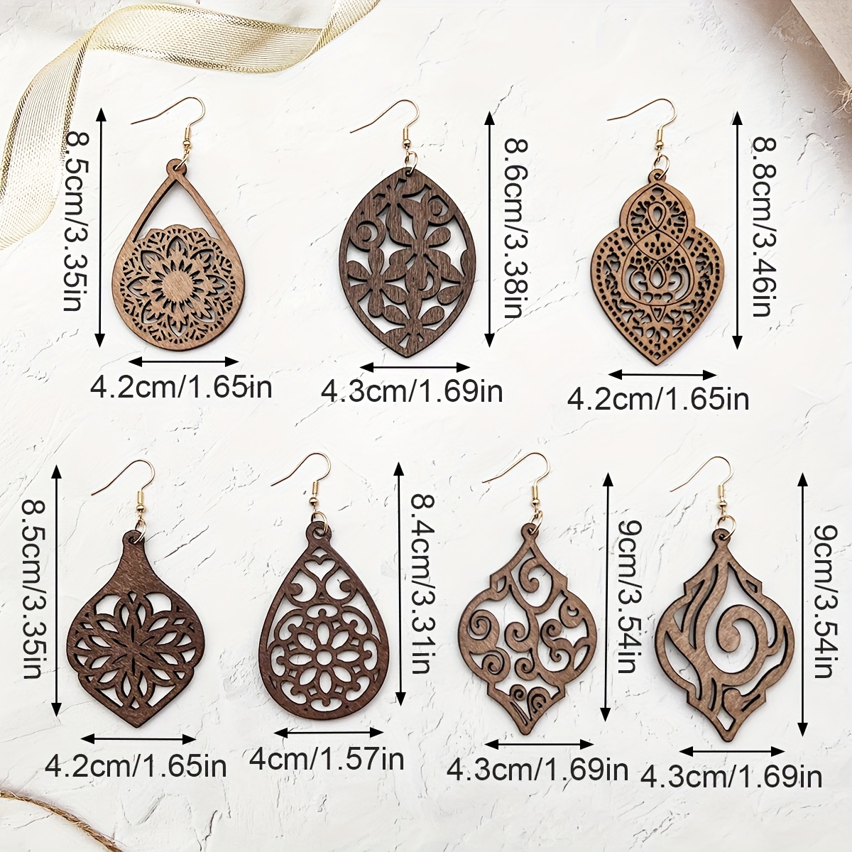 7 Pairs/Set of Trendy Hollow Geometric Vacation Style Pendant Wooden Earrings, Bohemian Versatile Retro Ethnic Style Wooden Ear Ornaments, Women's Daily Casual Simple Accessories
