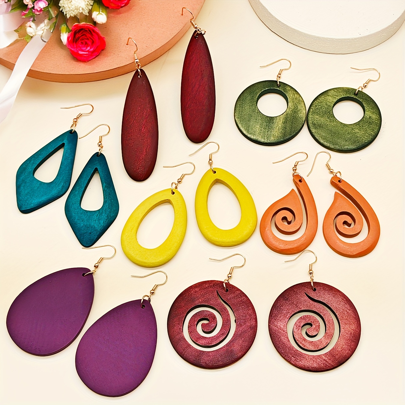 7 Pairs/Set, Vibrant Wooden Earrings - a Charming Collection with a Rustic Vacation Style And Diverse Designs