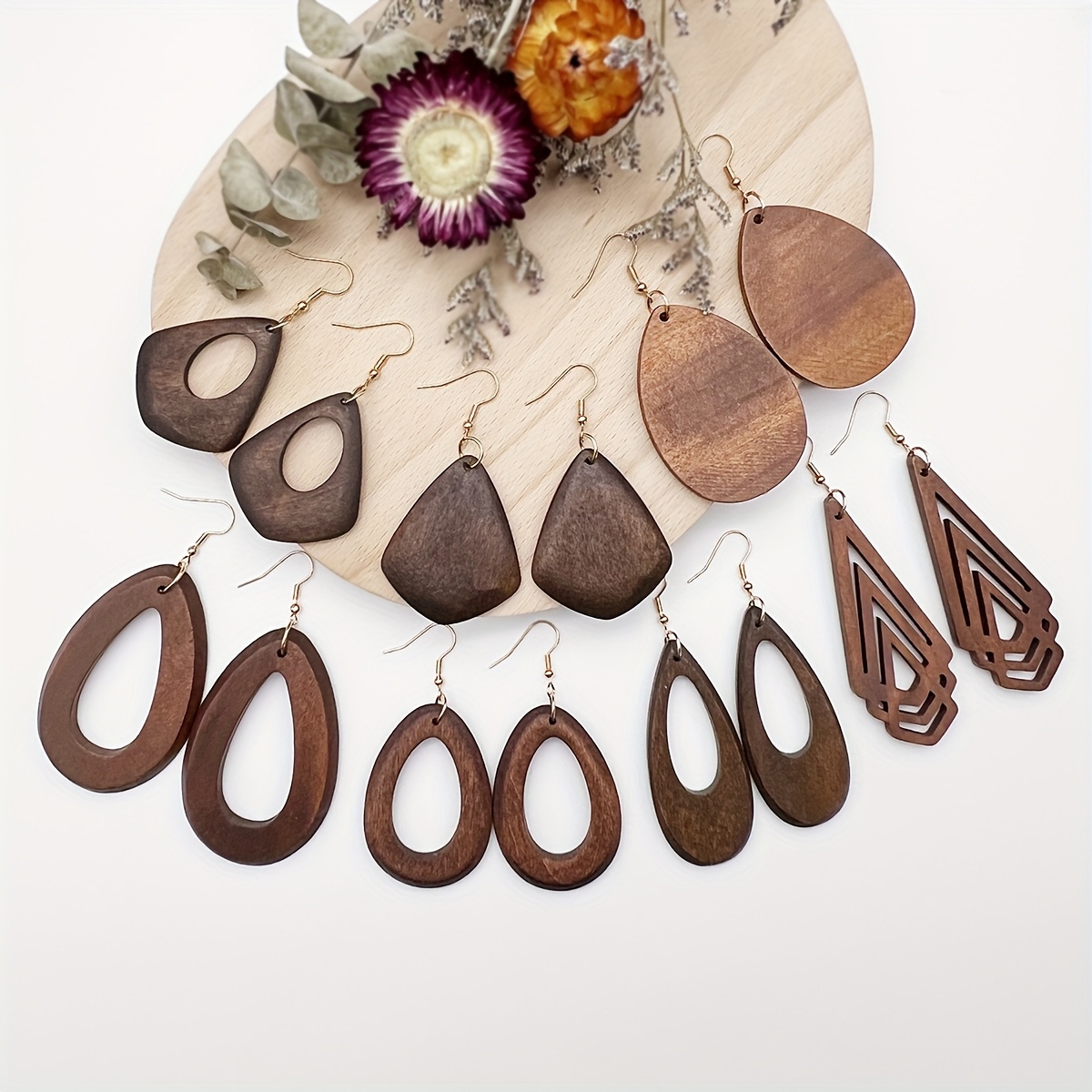 7 Pairs/Sets of Easy Retro Coffee-Colored Geometric Pendant Wooden Earrings, Trendy And Creative Versatile Classic Holiday Style Wooden Earrings, Women'S Daily Fashion Earrings