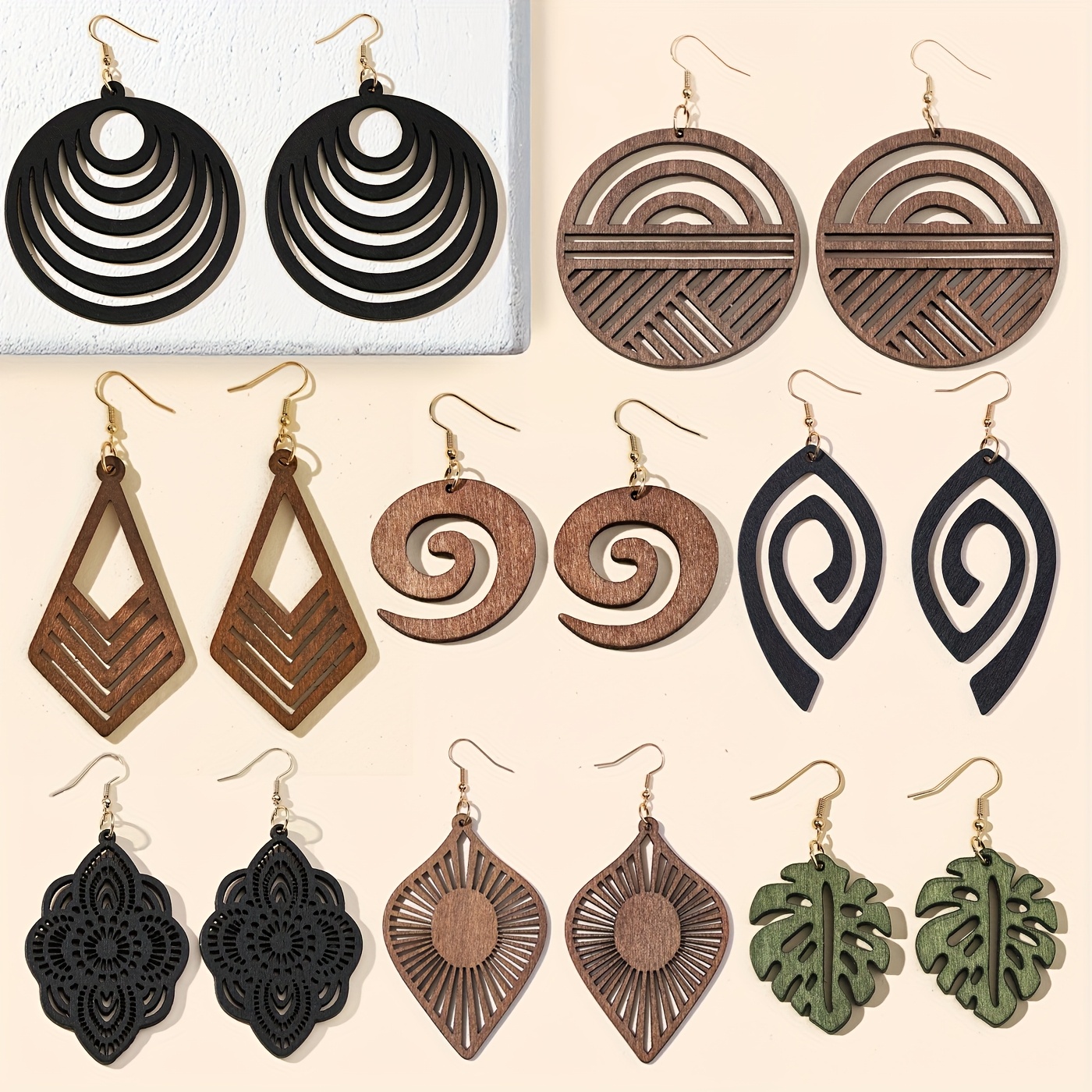 8 Pairs/set, European and American Vintage Style Hollow-Out Geometric Wooden Earrings — A Fashionable and Choice