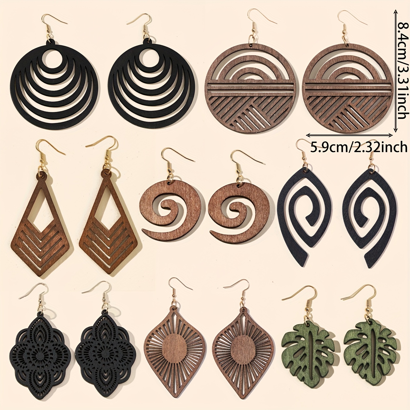8 Pairs/set, European and American Vintage Style Hollow-Out Geometric Wooden Earrings — A Fashionable and Choice