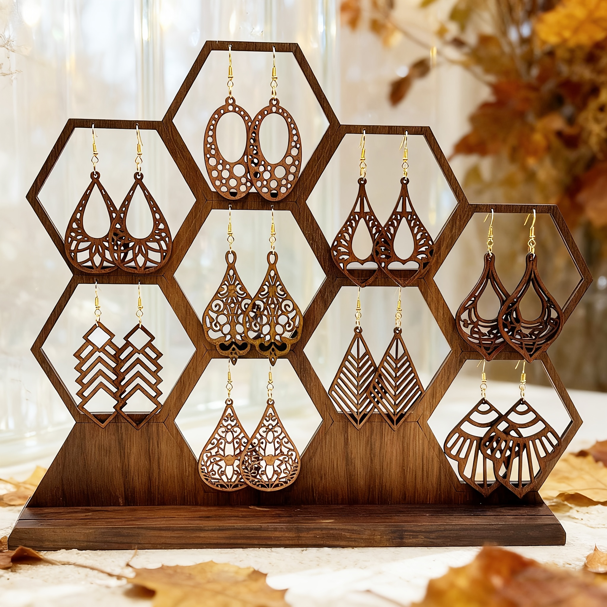 9-Pair/Set Multi-Style Autumn/Winter Vintage Fashion Hollow-Out Pendant Wooden Earrings, Women's Everyday Versatile Creative Geometric Lightweight Wooden Imitation Tribal Style Dangle Earrings, Bohemian Trendy Wooden Ear Accessories