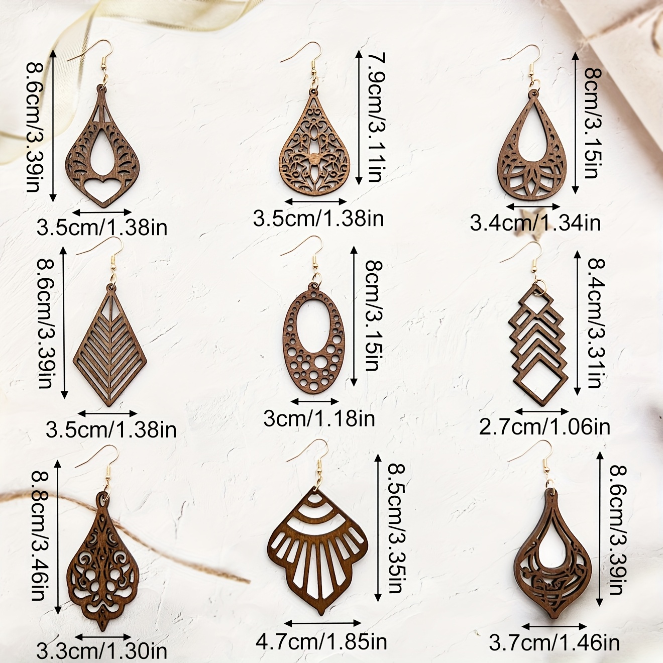 9-Pair/Set Multi-Style Autumn/Winter Vintage Fashion Hollow-Out Pendant Wooden Earrings, Women's Everyday Versatile Creative Geometric Lightweight Wooden Imitation Tribal Style Dangle Earrings, Bohemian Trendy Wooden Ear Accessories