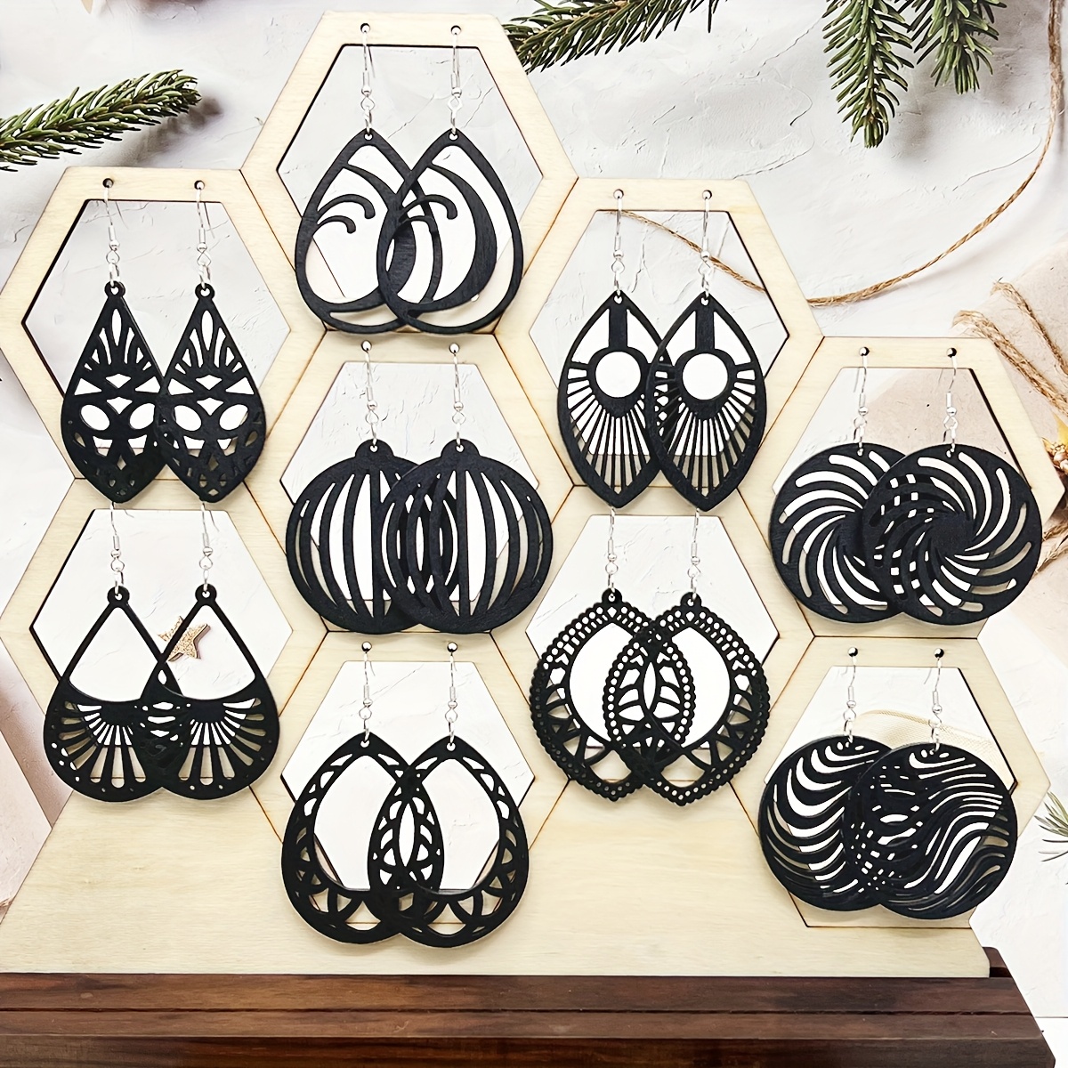 9 Pairs of Easy And Lightweight Bohemian-Style Wooden Earrings, Perfect for Women'S Everyday Fashion with Hollow Geometric Designs, Versatile Casual Pendants, And a Creative Gift Set of Various Wooden Earrings