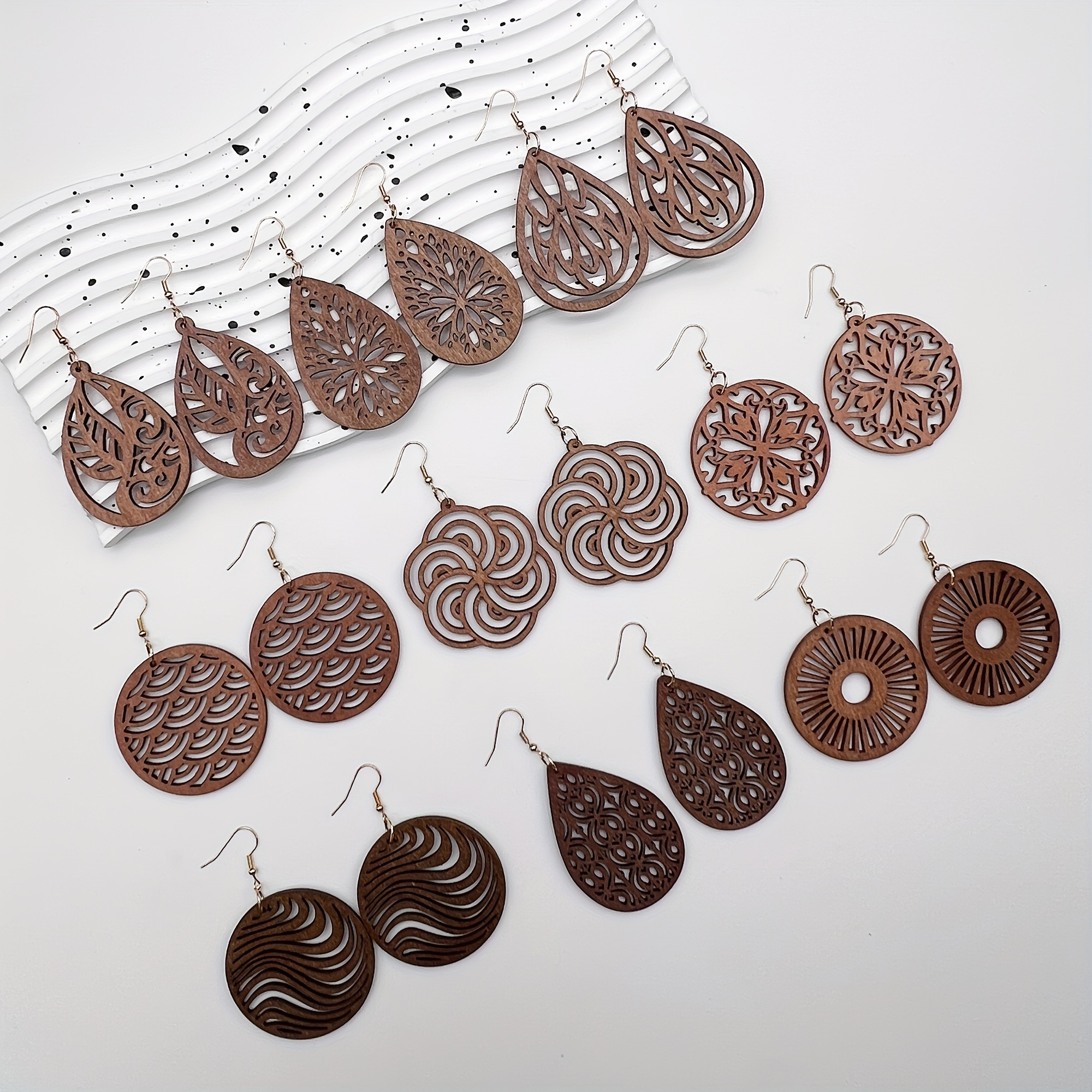 9 Pairs of Trendy Coffee Color Wooden Earrings with Fashionable Geometric Design