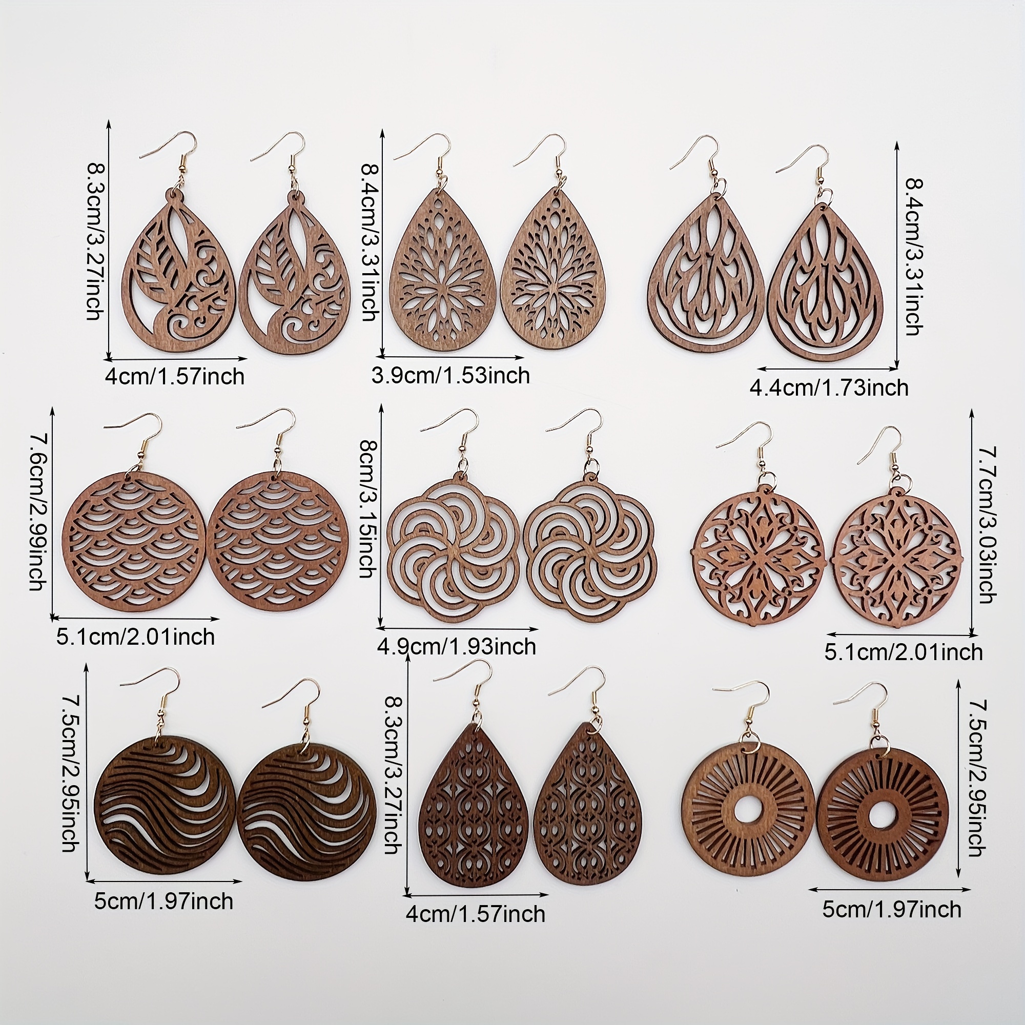 9 Pairs of Trendy Coffee Color Wooden Earrings with Fashionable Geometric Design