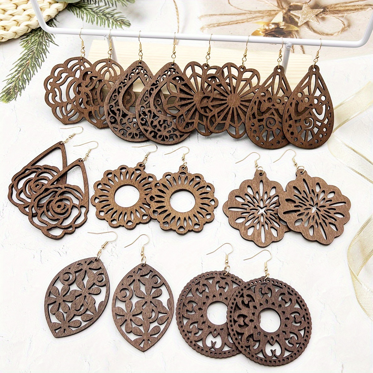 9 Pairs/Set Creative Retro Multi-Exaggerated Bohemian Vacation Style Wooden Big Earrings, Black Fashion Personality Ethnic Simple and Versatile Wooden Ear Drops, Women's Daily Matching Gift Trendy Earrings