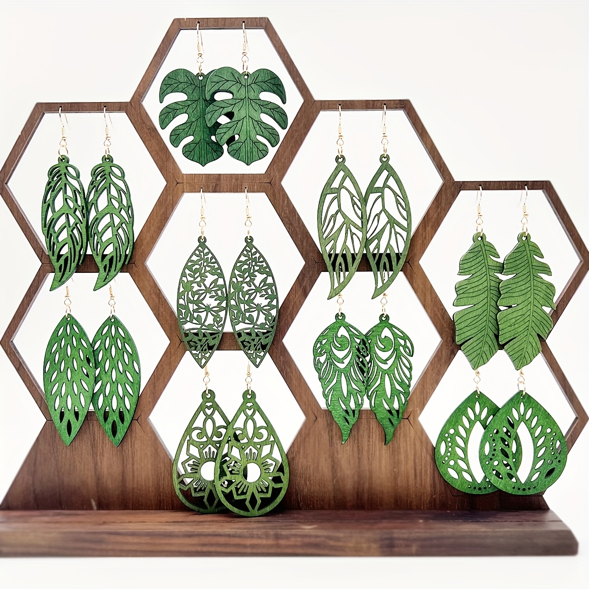 9 Pairs/Set Minimalist Bohemian Vacation Style Hollow Wooden Geometric Earrings, Women's Versatile Creative Green Leaf Multi-Set Lightweight Wooden Jewelry for Casual Attire