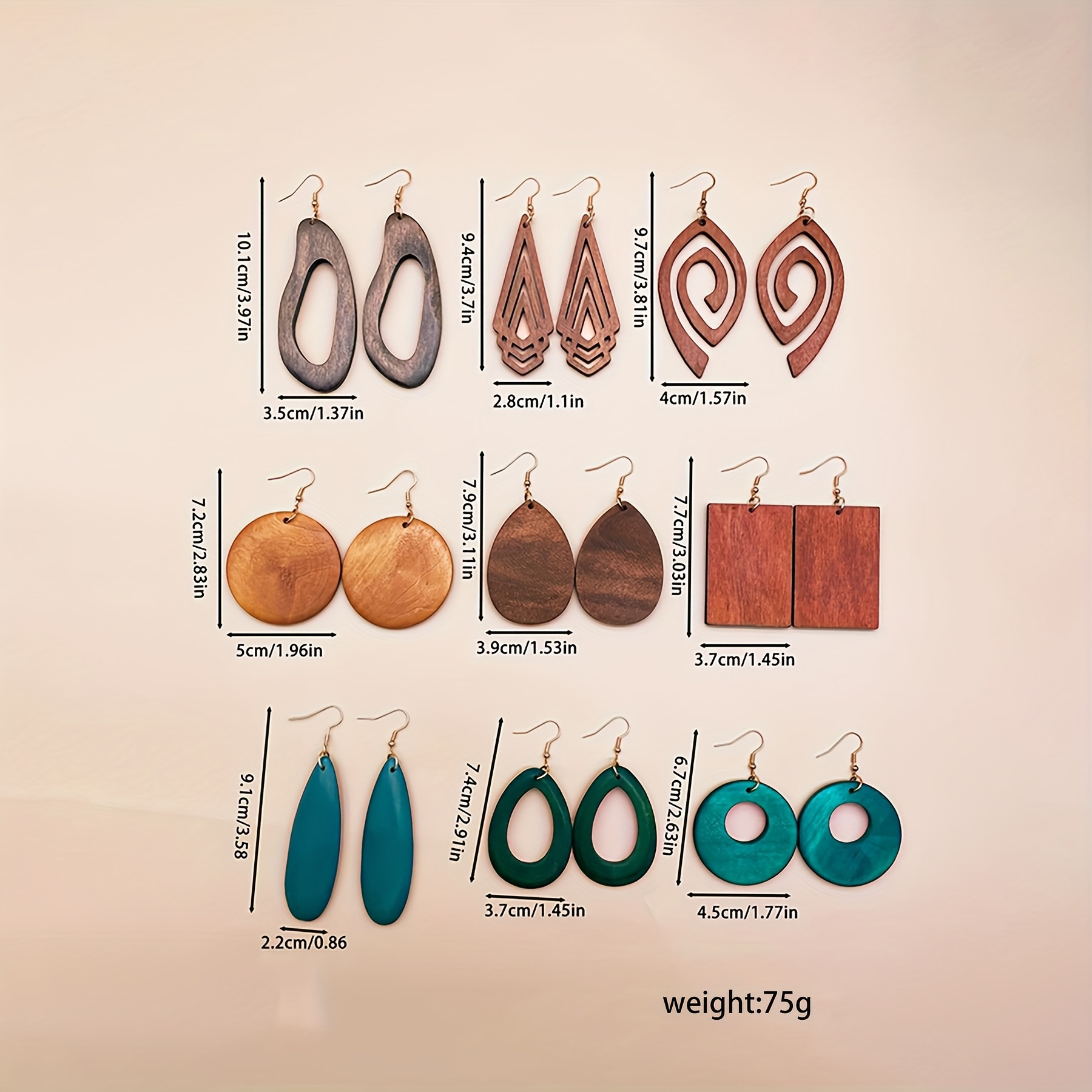 9 Pairs/Set Multicolor Hollow Drop/Geometric/Round Wooden Pendant Earrings Retro Minimalist Style Spring Summer Holiday Jewelry