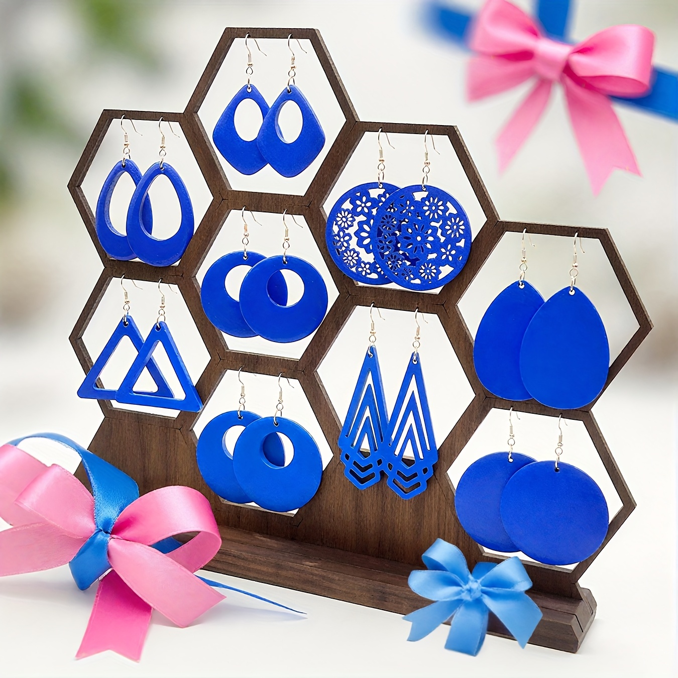 9 Pairs/Set of Minimalist Blue Geometric Wooden Earrings, Stylish Vacation-Inspired Drop Earrings for Women - Versatile and Creative Gift Idea