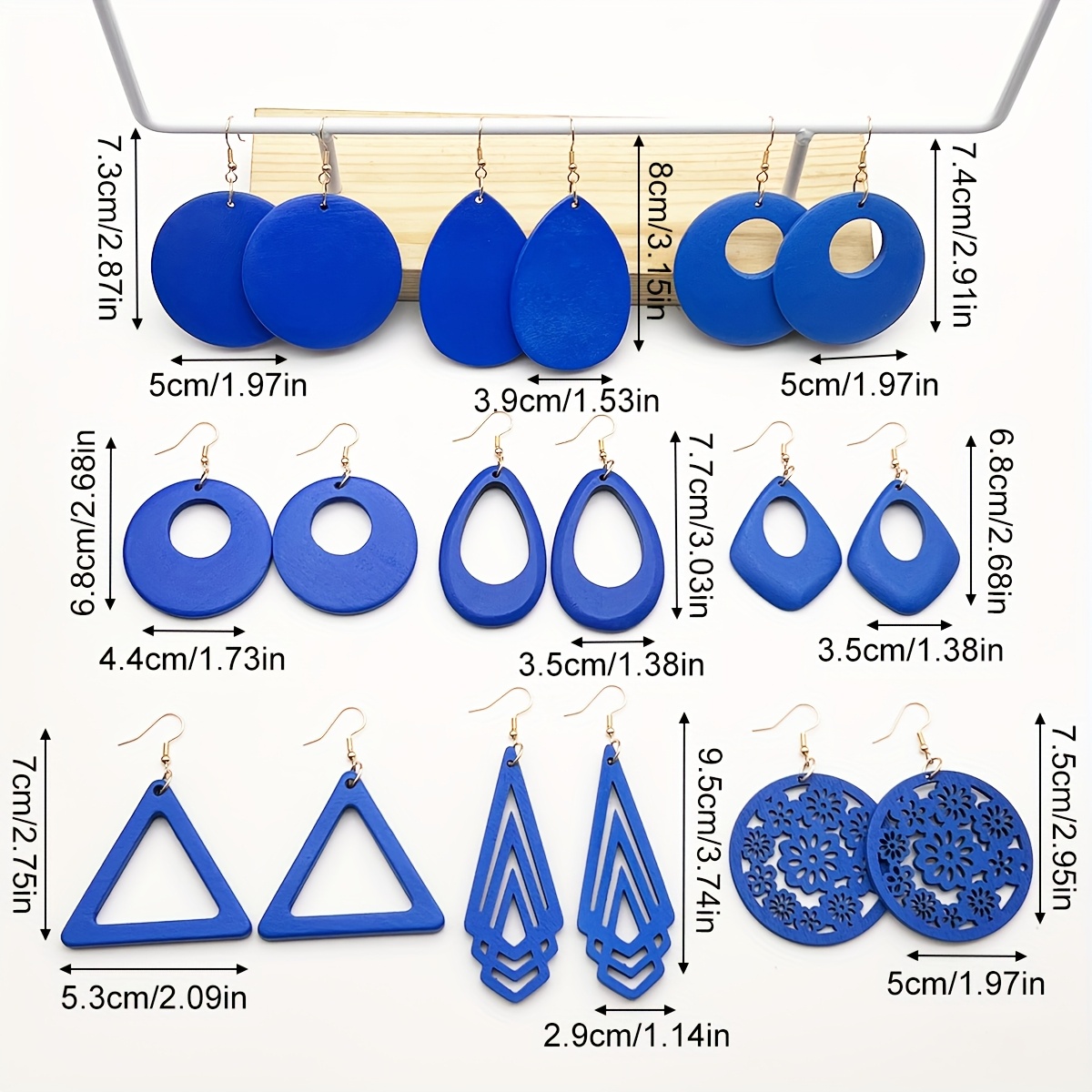 9 Pairs/Set of Minimalist Blue Geometric Wooden Earrings, Stylish Vacation-Inspired Drop Earrings for Women - Versatile and Creative Gift Idea