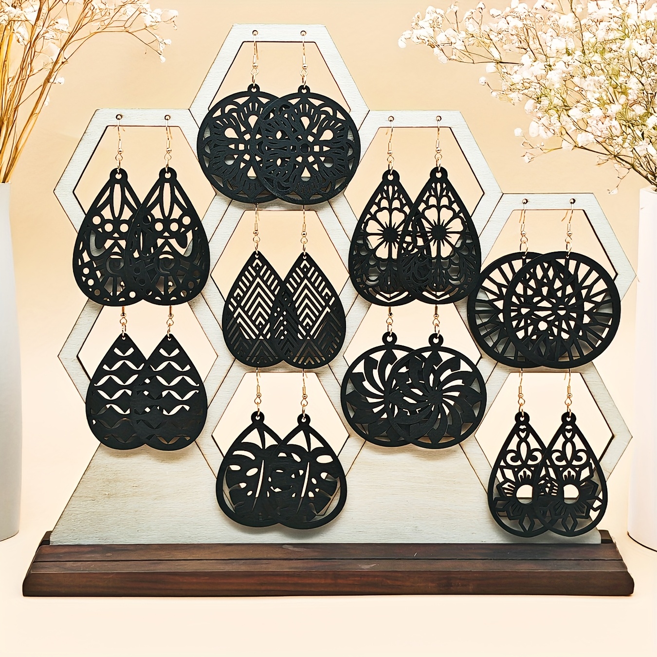 9 Pairs/set, Vintage-style Wooden Hollow-out Geometric Earrings — Exquisite Craftsmanship, a Fashionable Choice