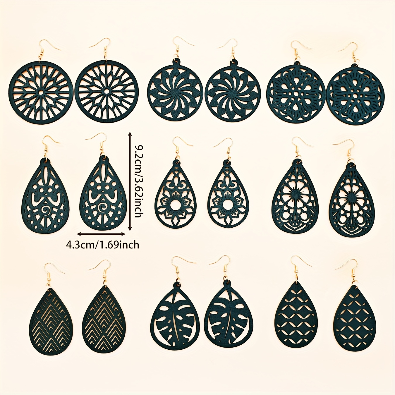 9 Pairs/set, Vintage-style Wooden Hollow-out Geometric Earrings — Exquisite Craftsmanship, a Fashionable Choice