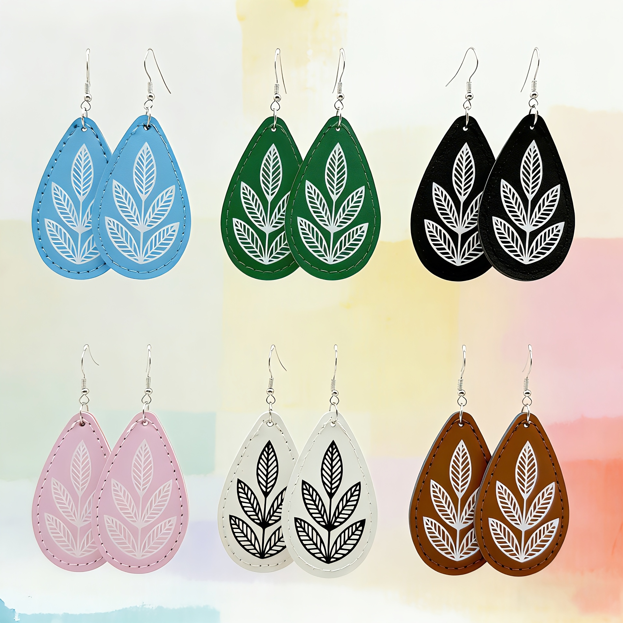 A Pair of Elegant Bohemian-Style Faux Leather Teardrop Earrings for Fashionable Women - Featuring a Thickened Stitching Process, Lightweight Drop Earrings with a Stylish Leaf Pattern, And Unique Plant Print Additions