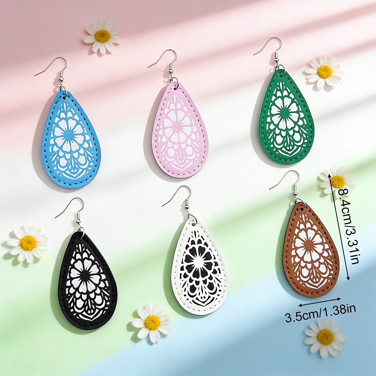 A Pair of Pastoral-style Double-sided Printed Multi-color Sweet and Fashionable Teardrop PU Leather Lightweight Dangle Earrings. Versatile for All Seasons, These Creative PU Leather Earrings Feature Finely Stitched Edges and Teardrop Prints.