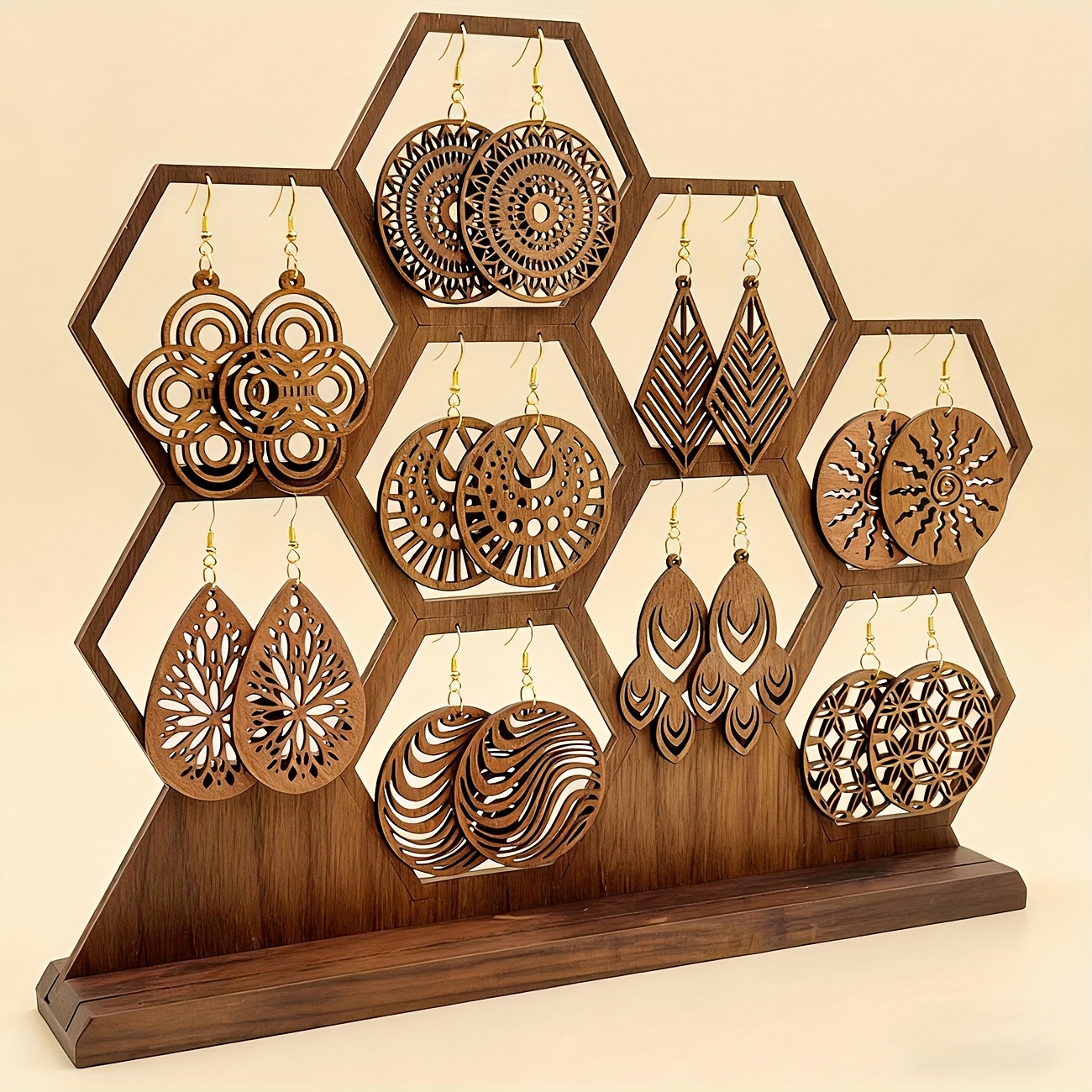 A Pair of Versatile And Creative Geometric Wooden Earrings for Women, Perfect for Casual Wear During Holidays. Available in Various Retro Color Schemes for Autumn And Winter, These Fashionable Hollow Pendant Wooden Earrings Embody a Bohemian Style