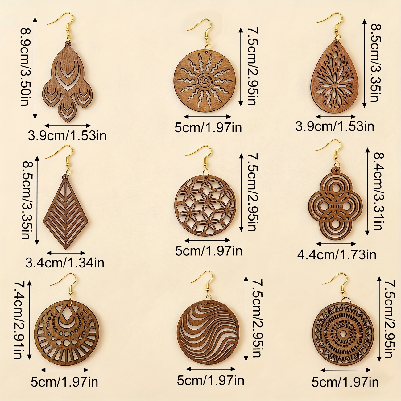 A Pair of Versatile And Creative Geometric Wooden Earrings for Women, Perfect for Casual Wear During Holidays. Available in Various Retro Color Schemes for Autumn And Winter, These Fashionable Hollow Pendant Wooden Earrings Embody a Bohemian Style